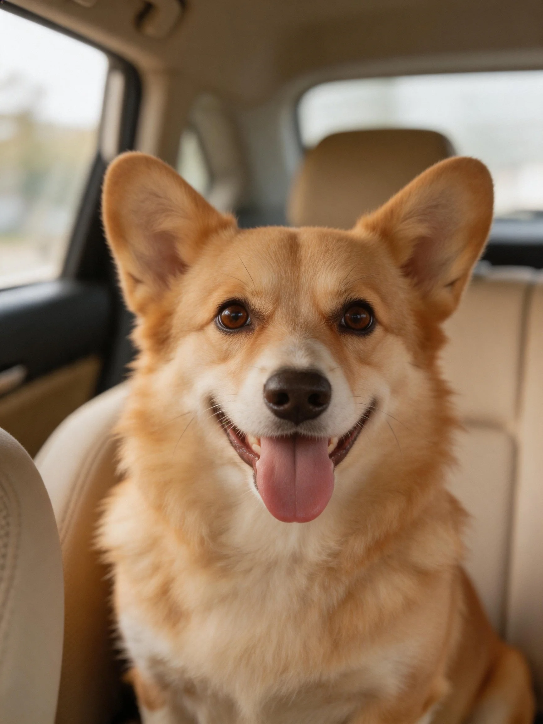 A cheerful tan corgi enjoys time in a cars backseat.