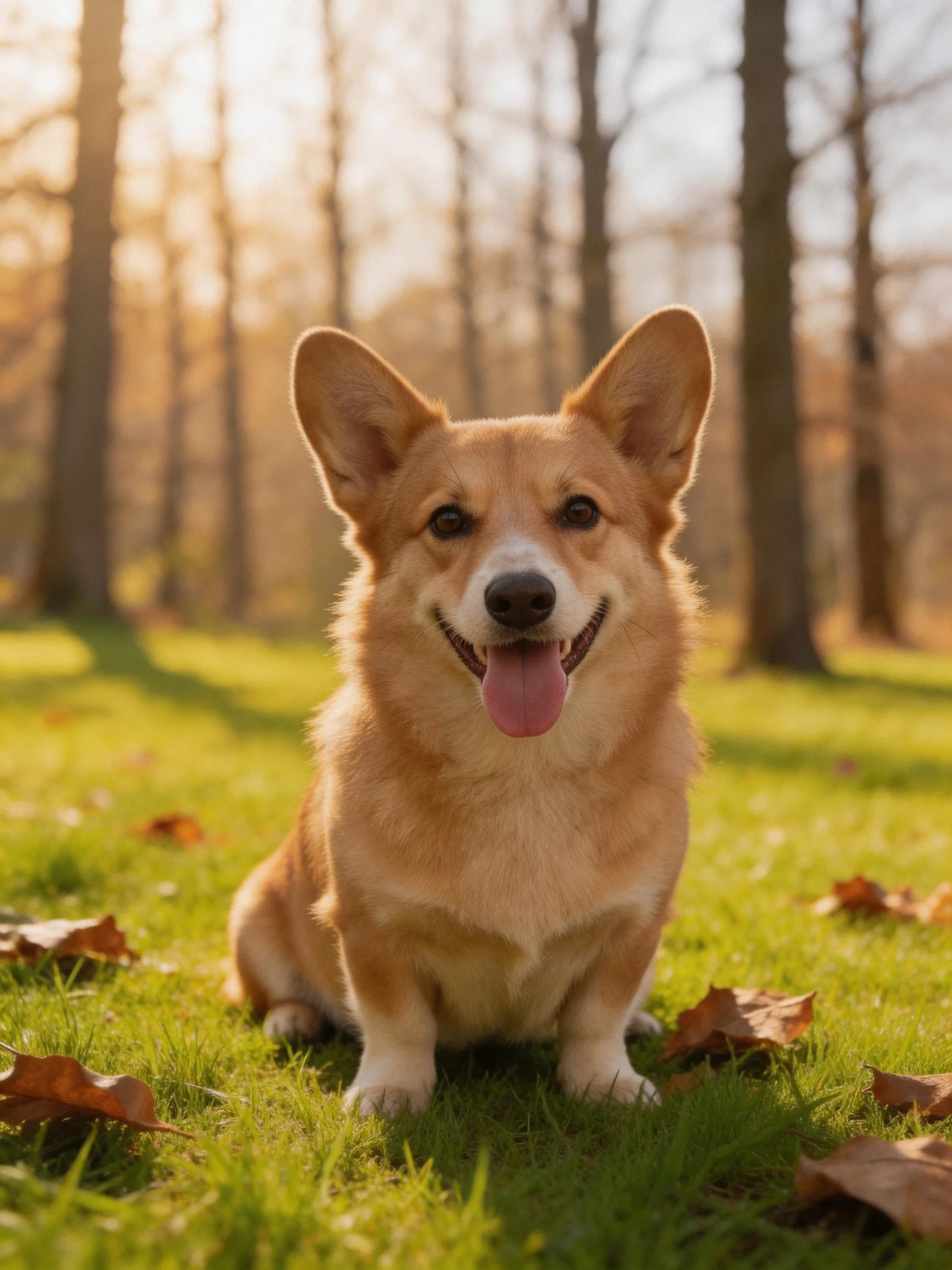 A happy tan corgi rests on grass with autumn leaves
