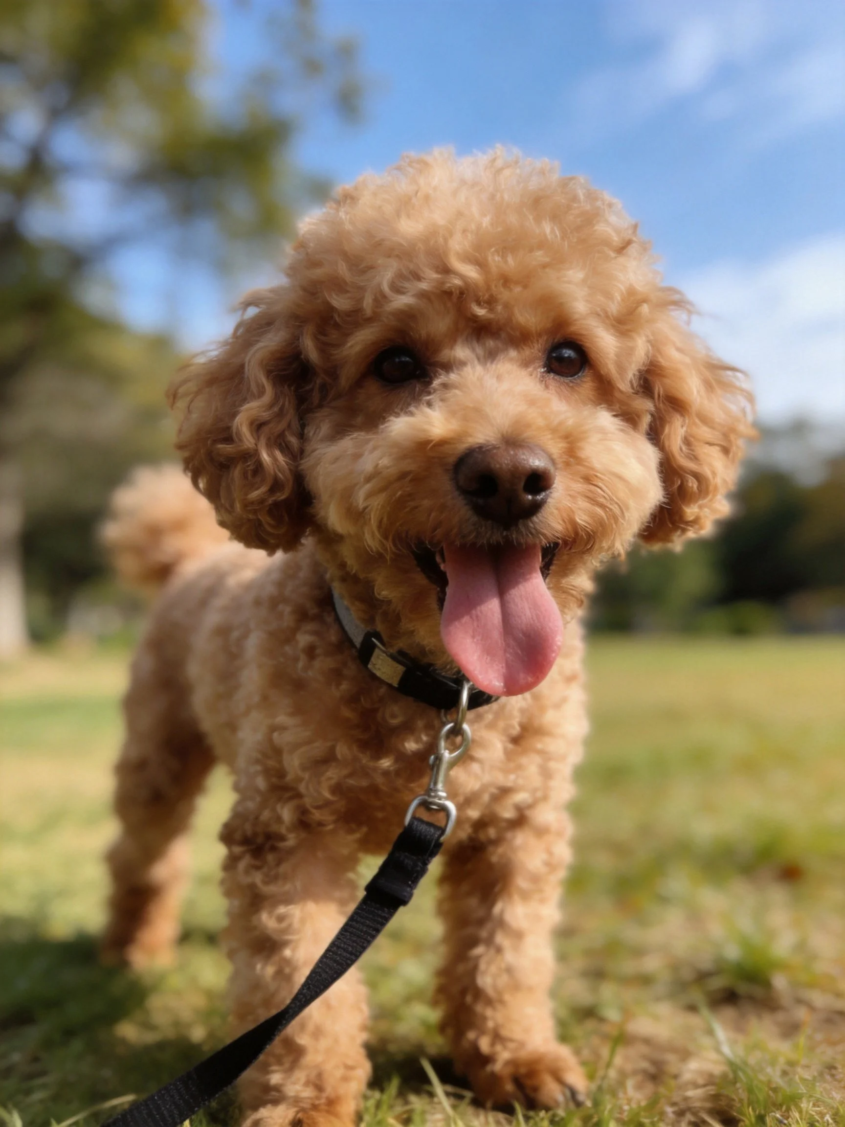 A cheerful tan curly-coated dog with a black leash