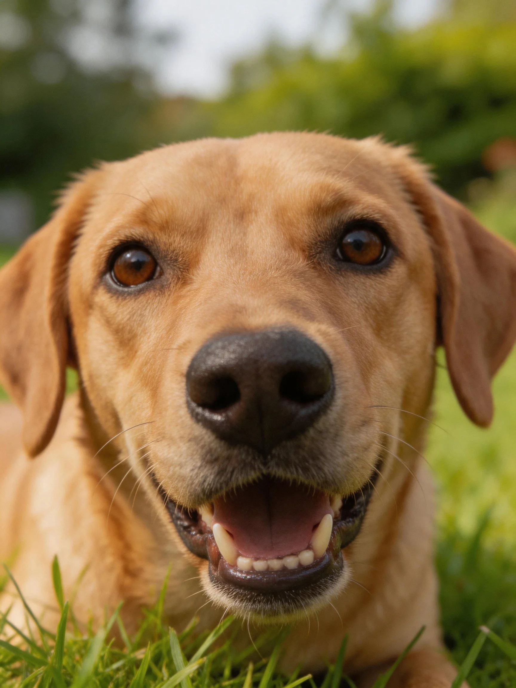 A happy tan dog enjoys time on green grass in an outdoor area.
