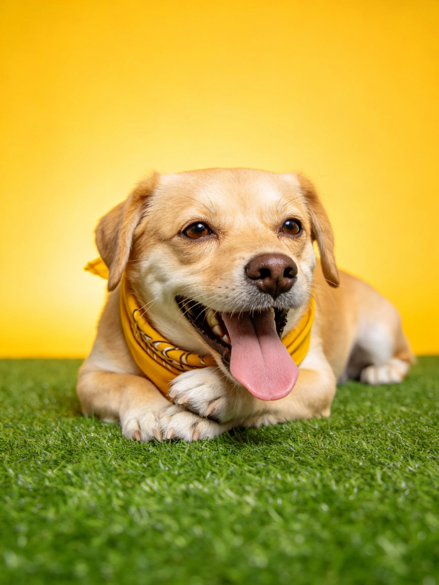 A cheerful tan dog relaxes on green grass with a yellow bandana under a bright yellow background.