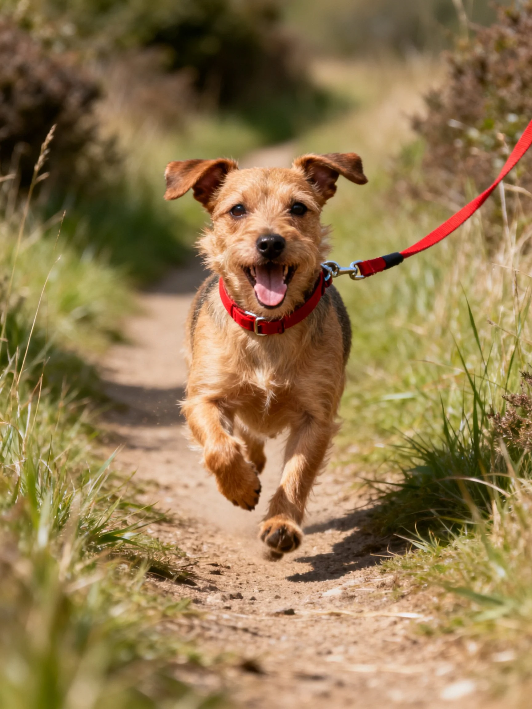 A tan dog joyfully runs along an outdoor dirt path.