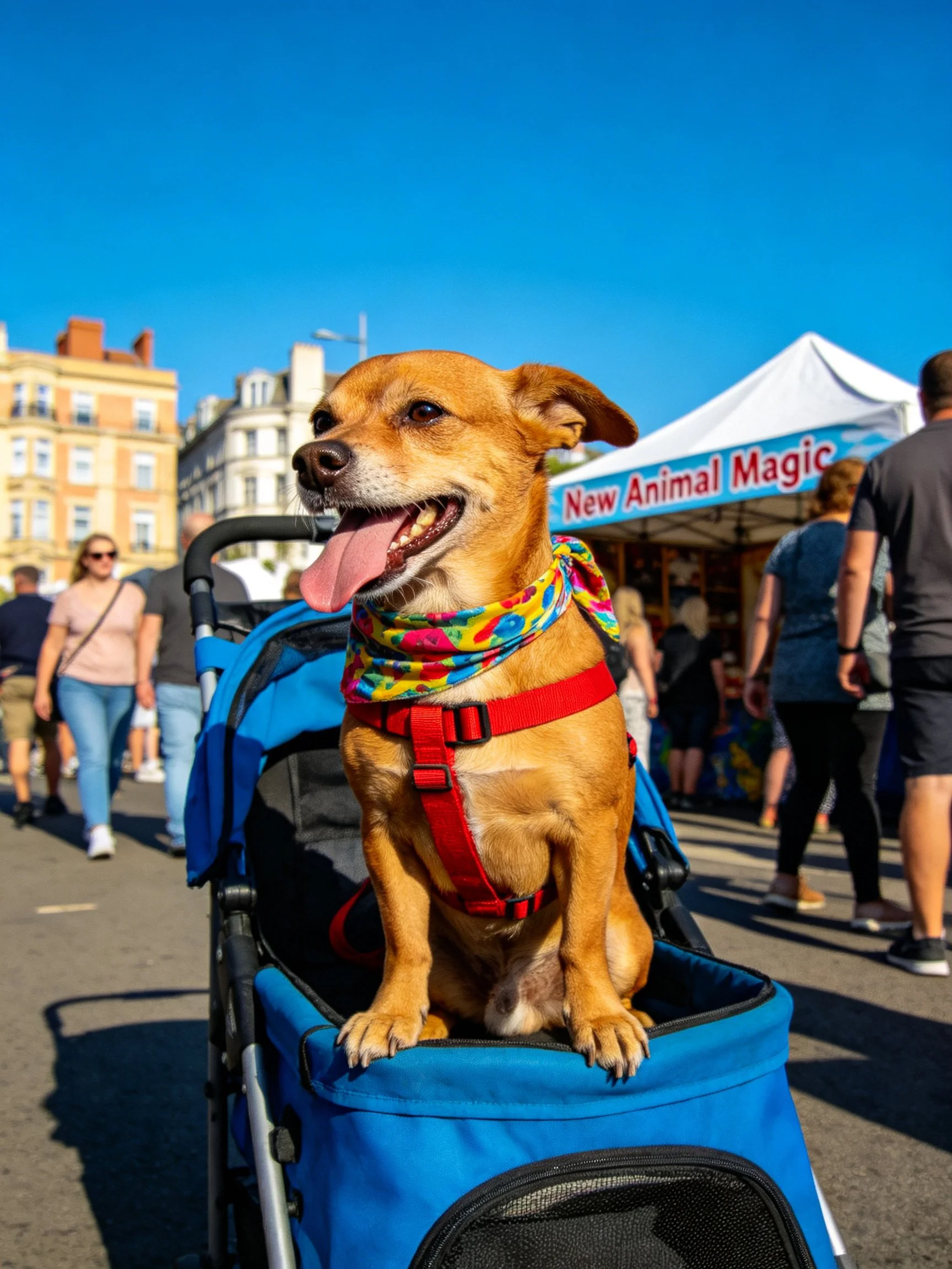 A cheerful tan dog sits in a blue pet stroller at an outdoor market