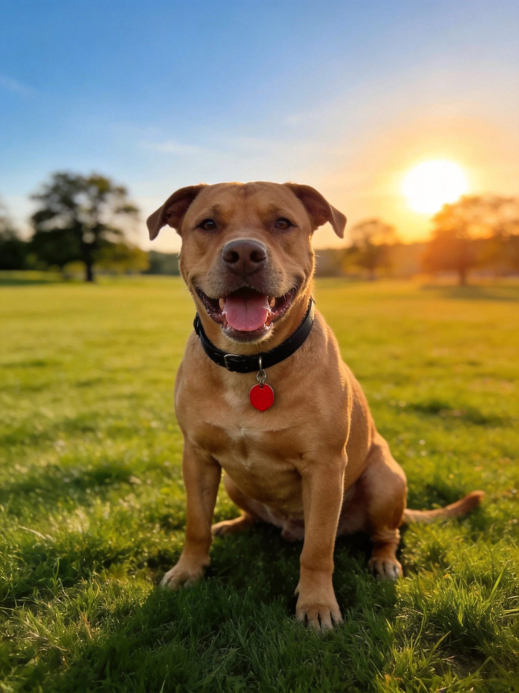 A happy tan dog sits on grass as the sun sets behind trees.