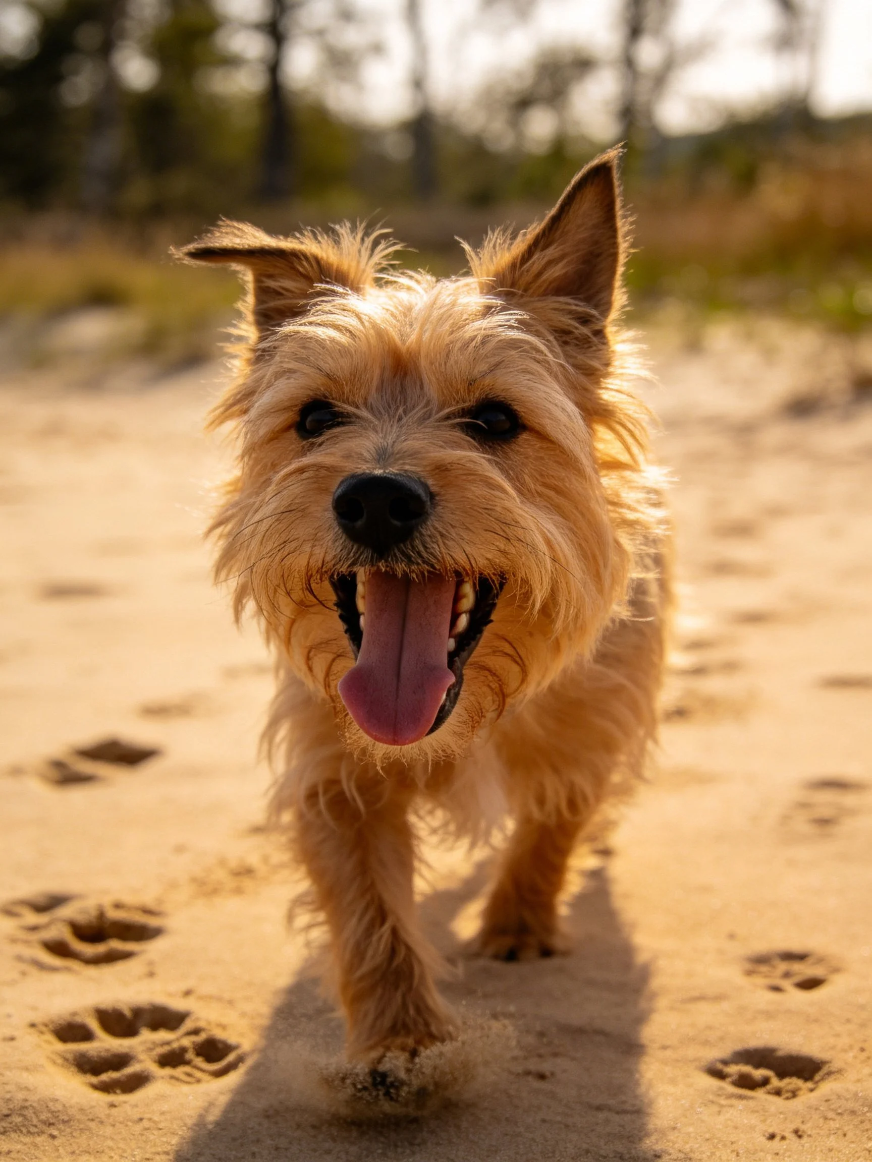 A tan dog joyfully walks on sandy ground with paw prints.