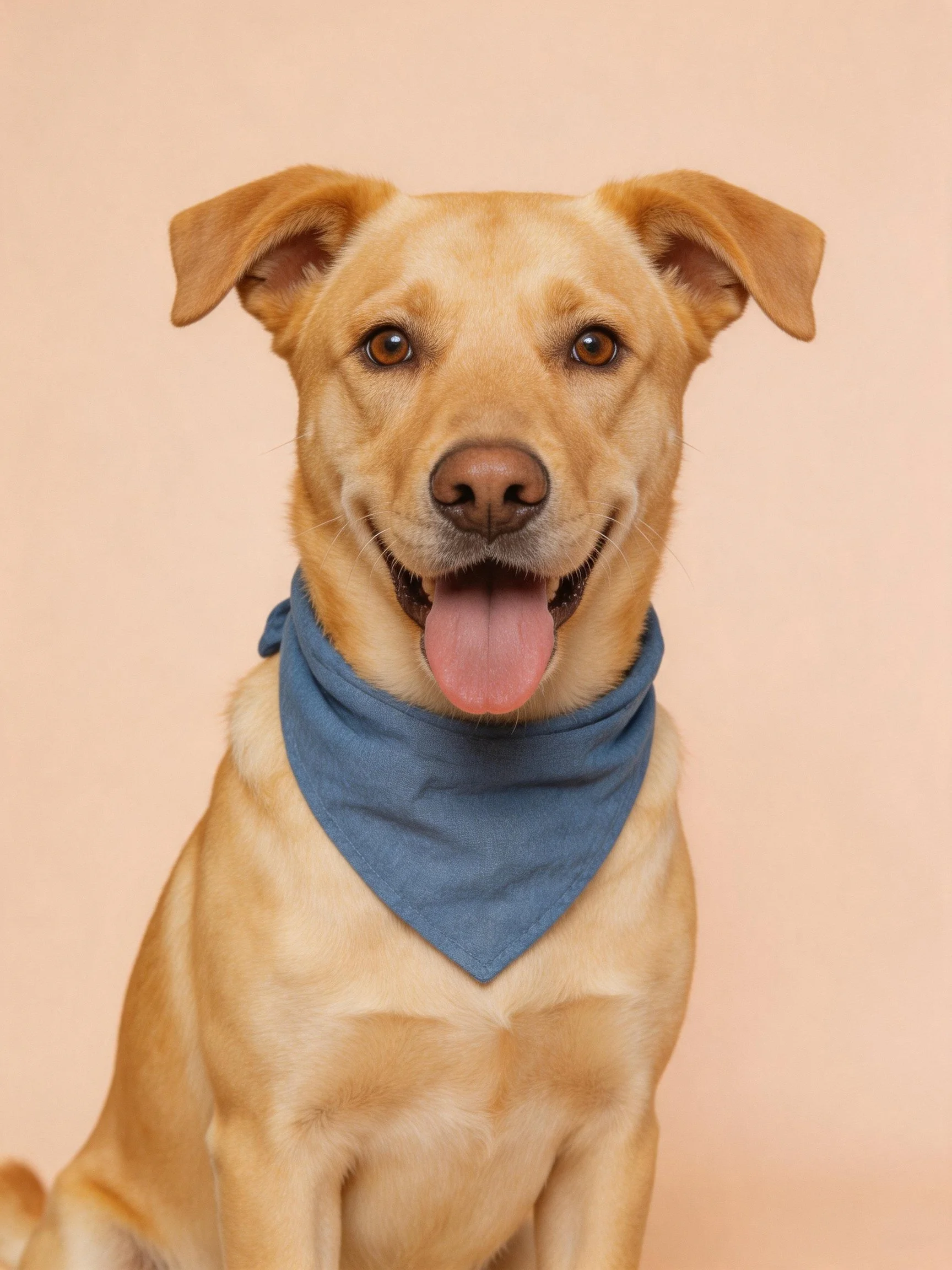 A tan dog with a blue bandana appears happy against a plain peach background.