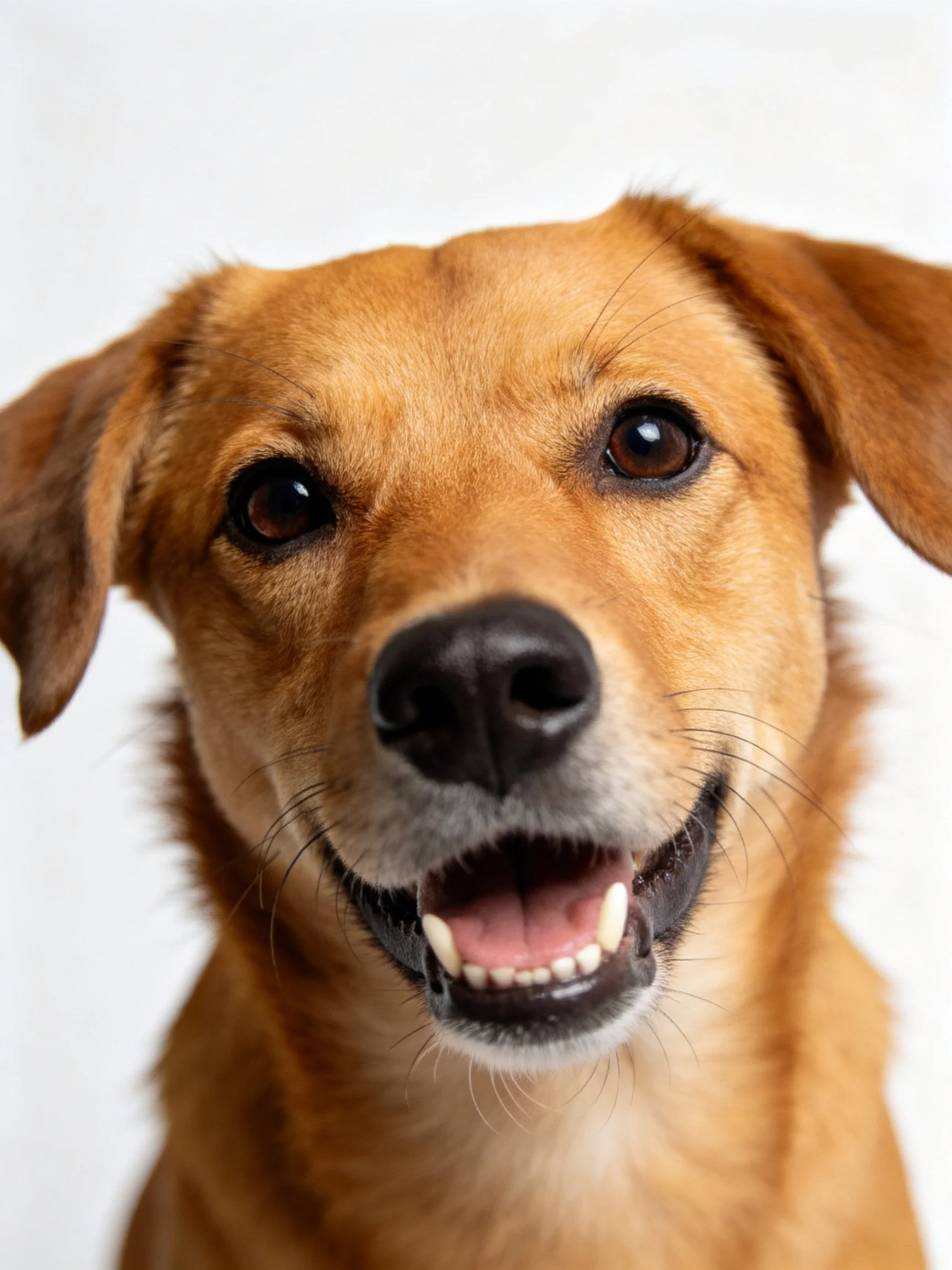 A close-up photograph of a cheerful tan dog with its mouth open.