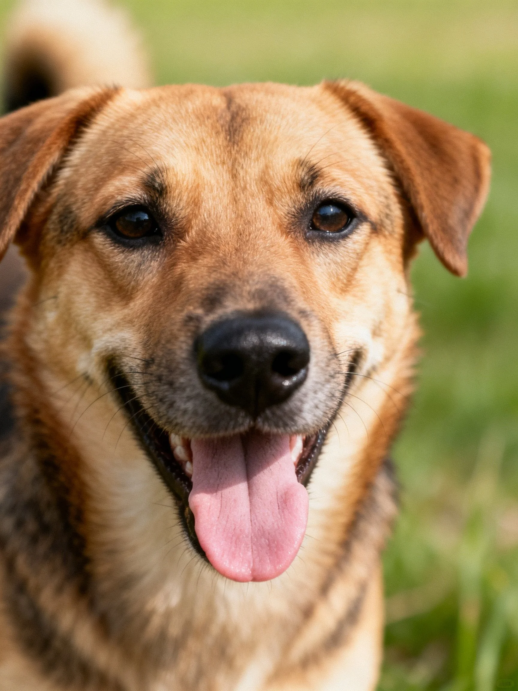 A cheerful tan dog with a pink tongue smiles in a grassy outdoor setting.