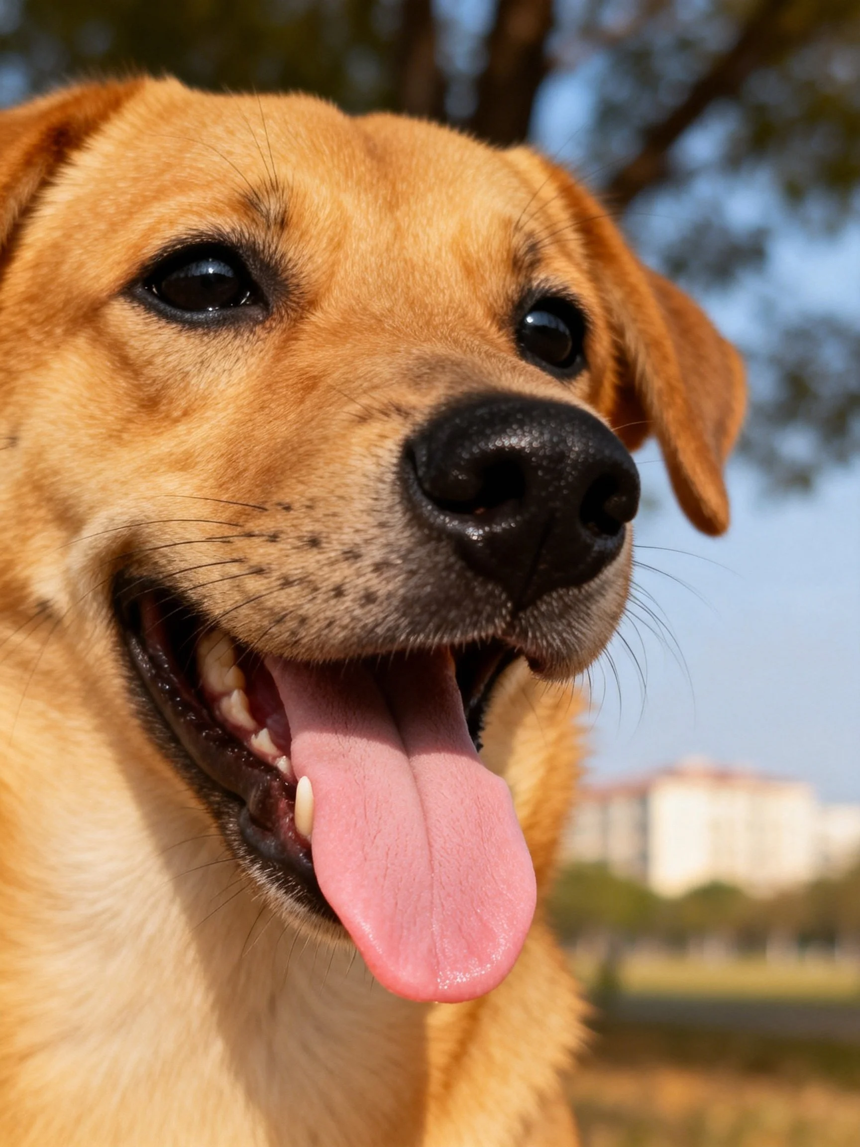 A happy tan dog panting joyfully in an outdoor space.