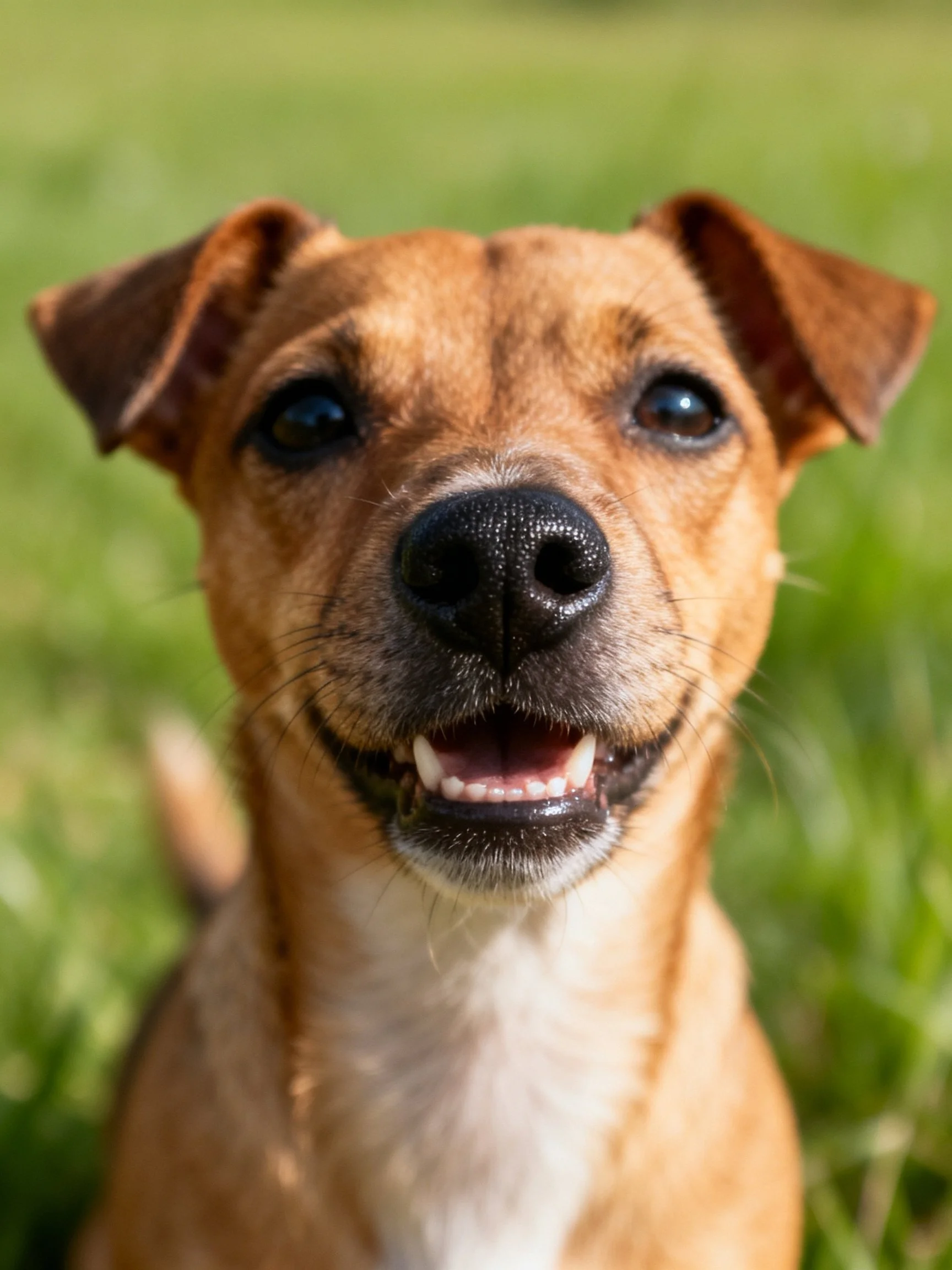 A happy tan dog with a black nose sits contentedly among green grass.