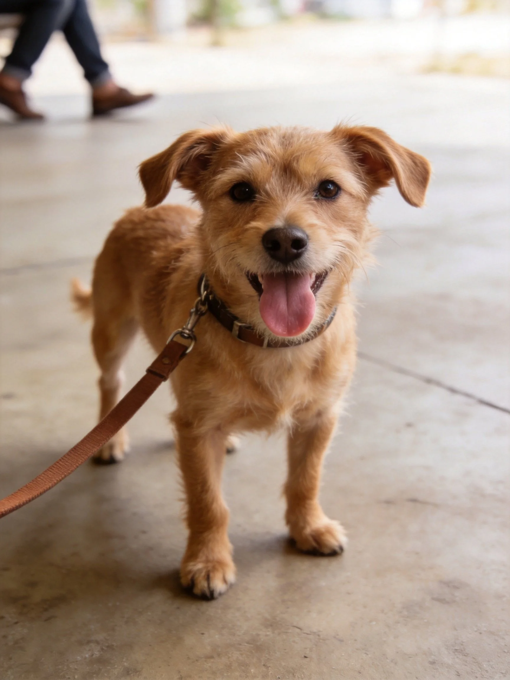 A cheerful tan dog with a brown collar and leash stands on a concrete surface.