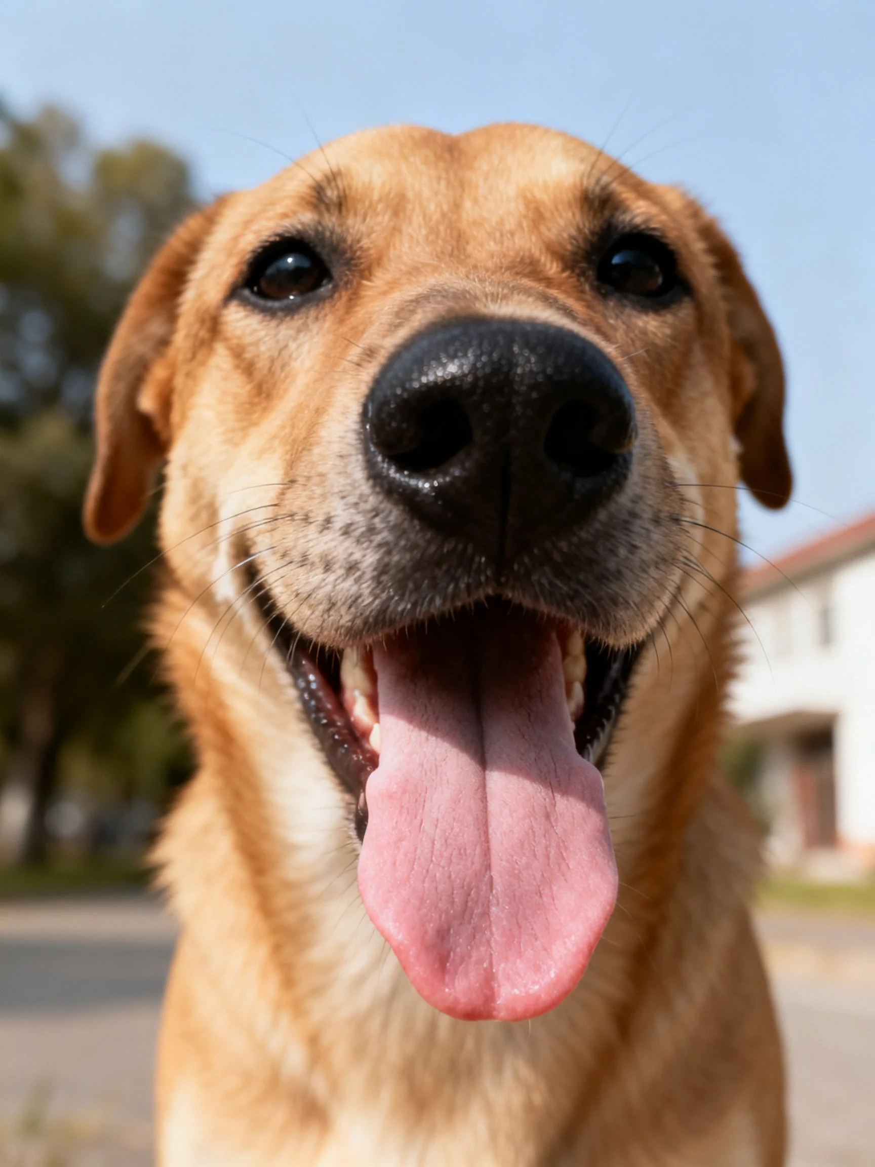 A happy tan dog displays a joyful expression with an open mouth and pink tongue outside
