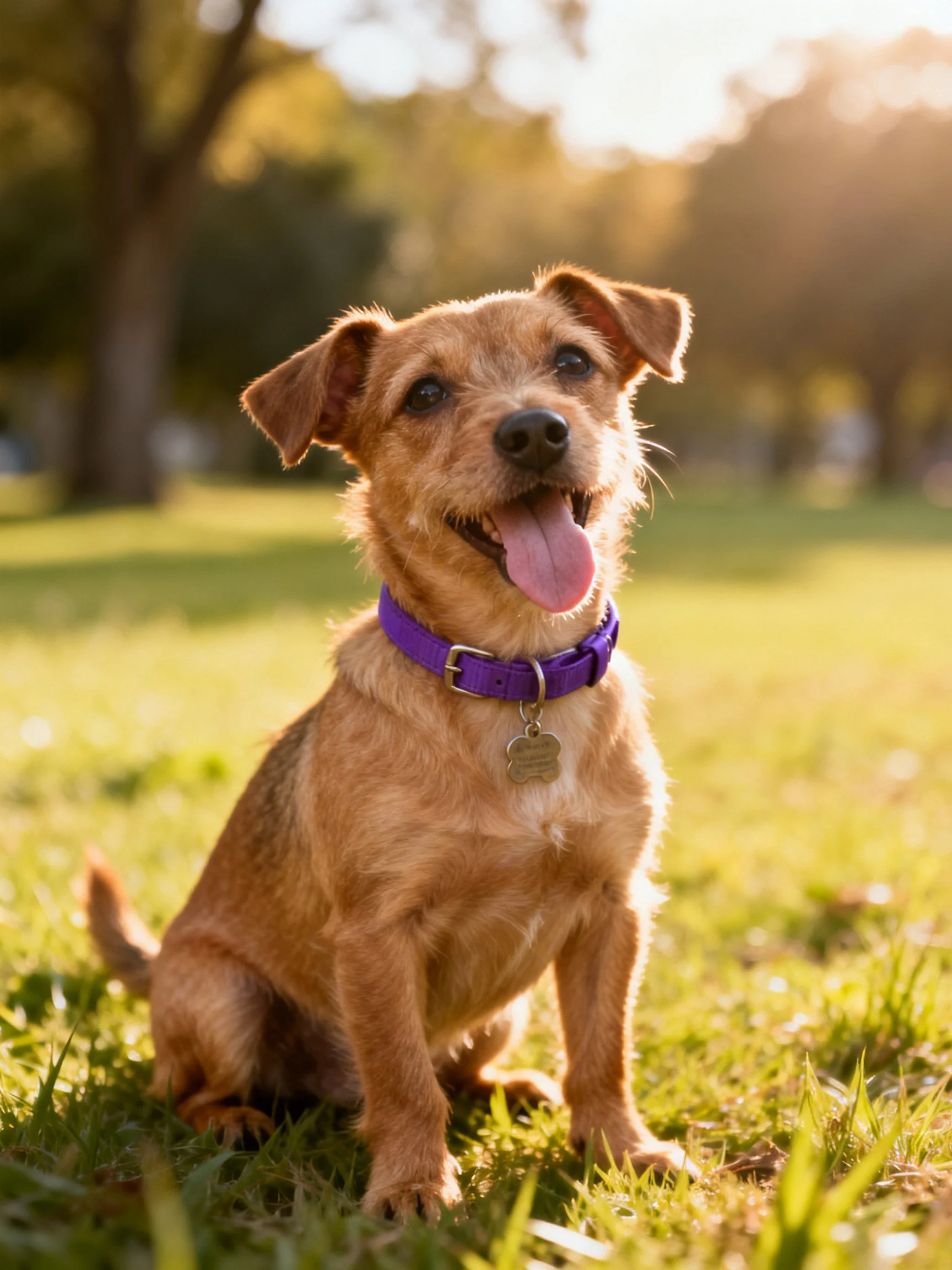 A tan dog with a purple collar sits happily on grass in a sunlit park.