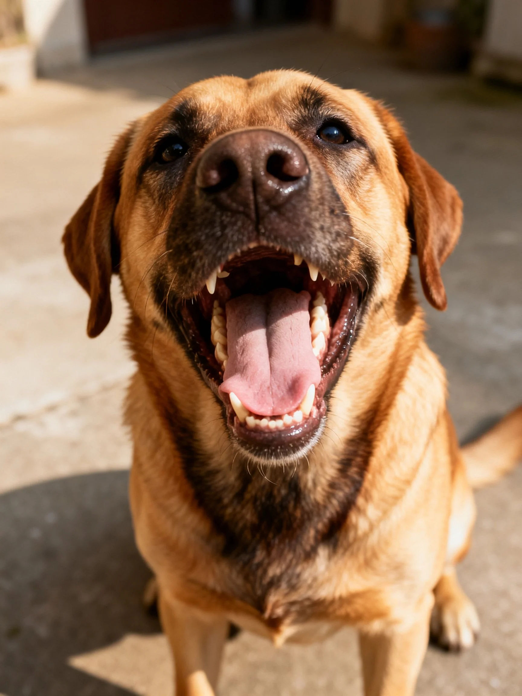 A cheerful tan dog with an open mouth outdoors