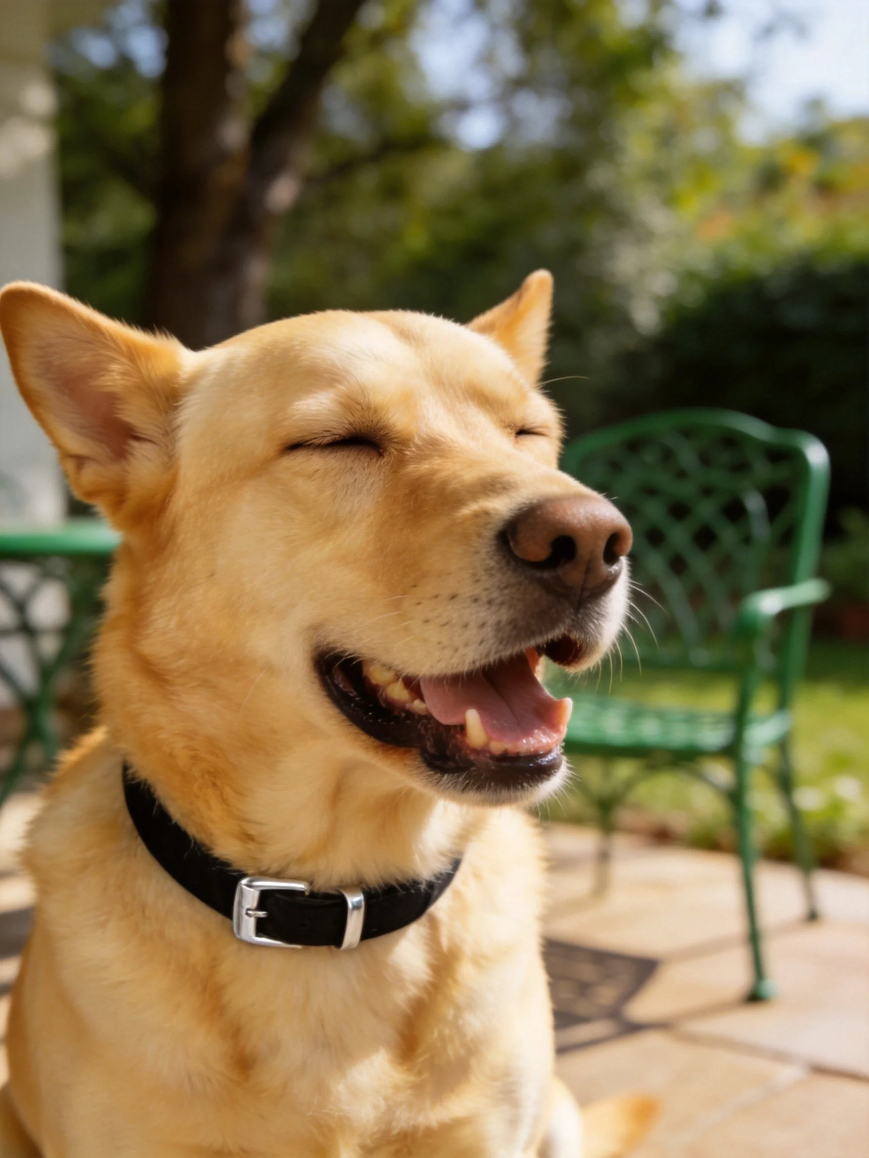 A cheerful tan dog with closed eyes near green patio chairs outdoors