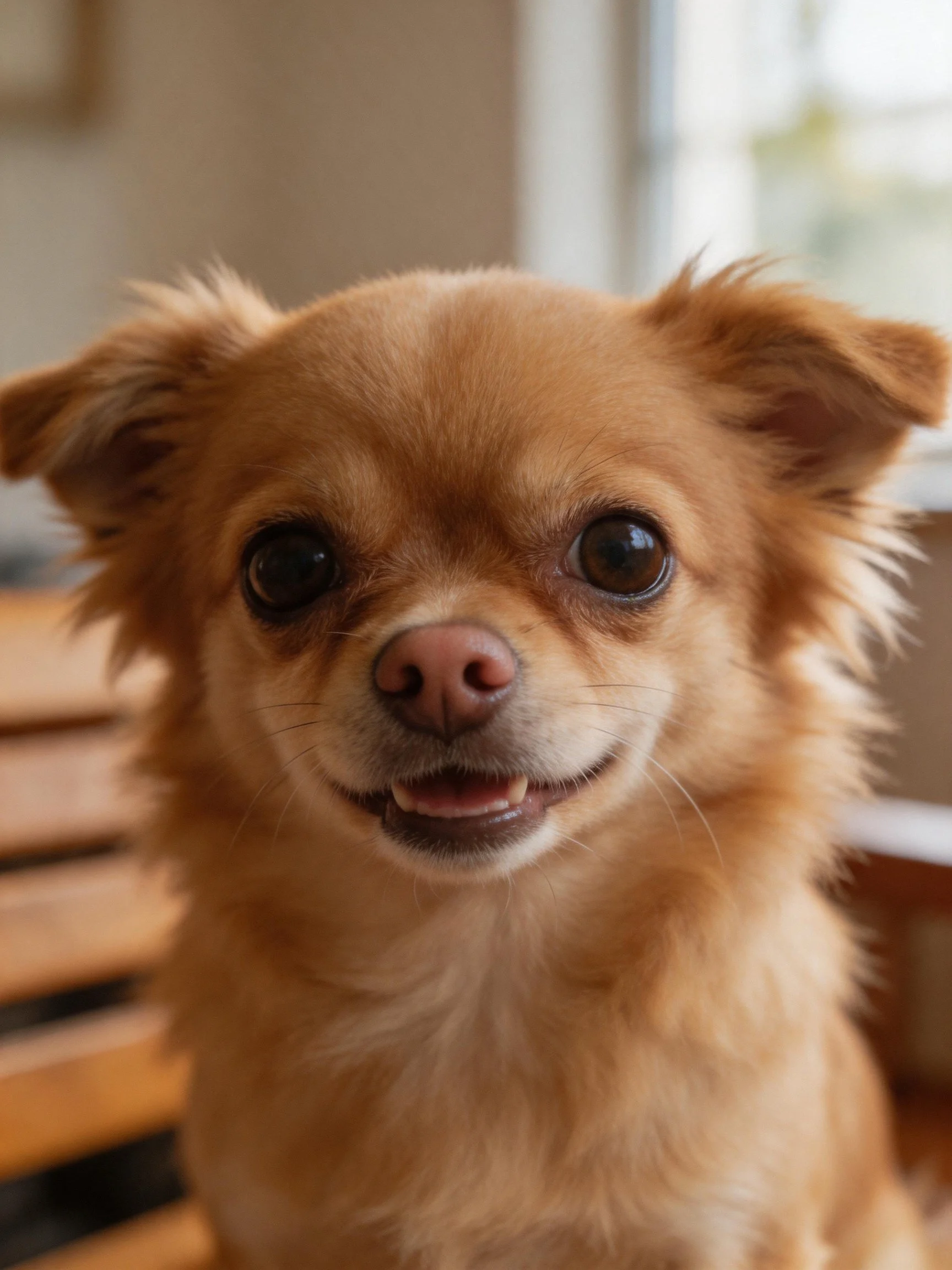 A small tan dog with bright eyes sits contentedly in an indoor setting.