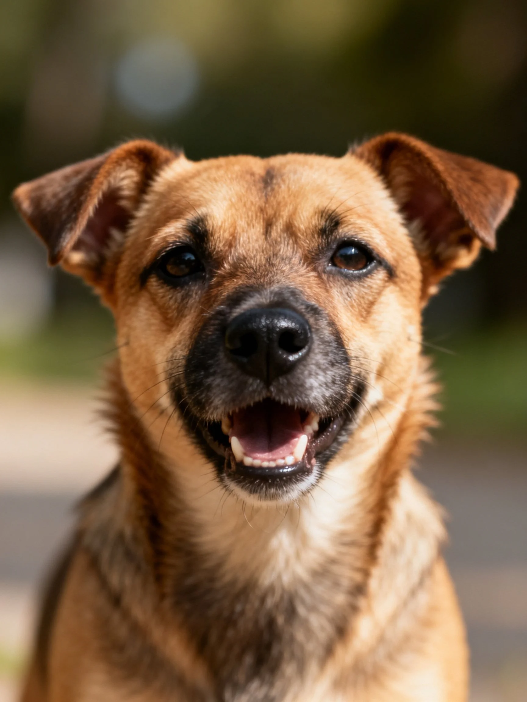 A cheerful tan dog with upright ears and open mouth