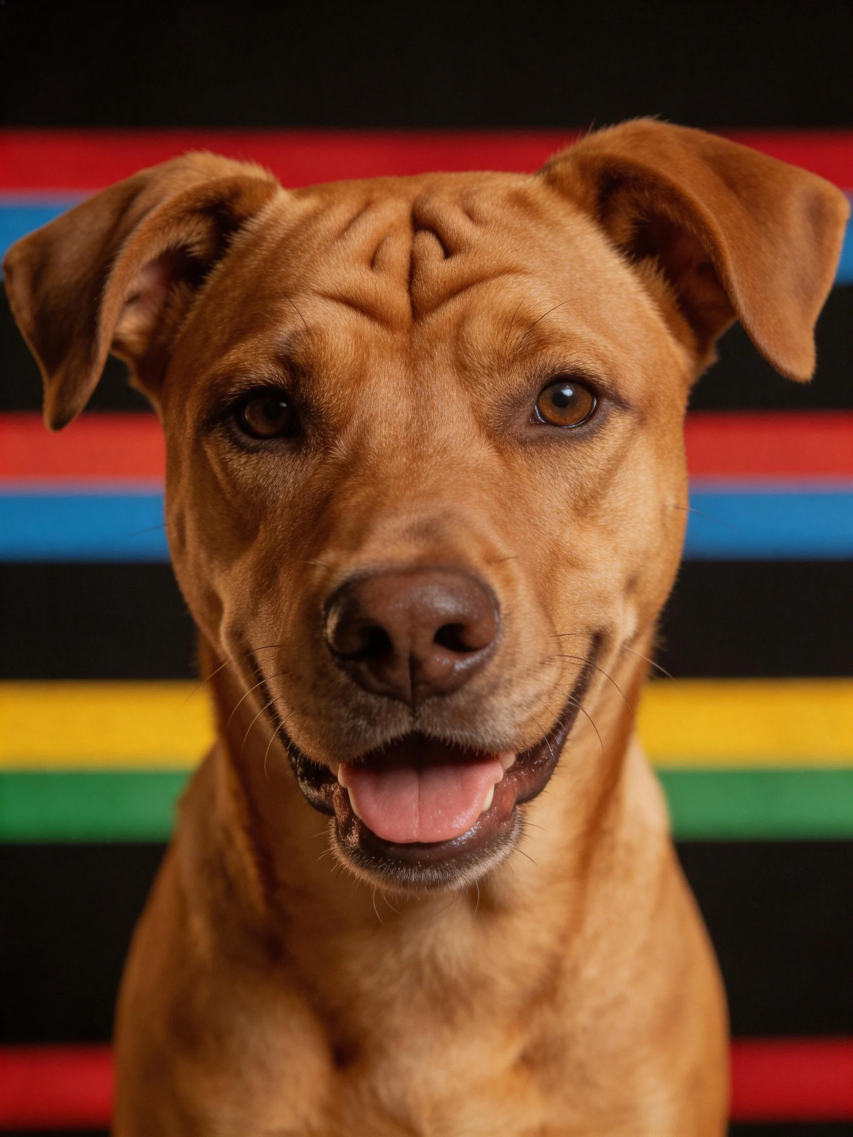A tan dog smiles happily with colorful stripes behind
