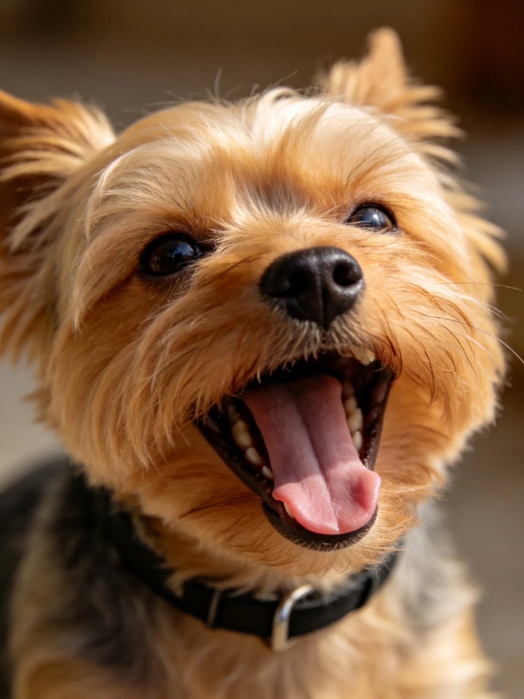 A cheerful small dog shows a joyful expression with mouth open.