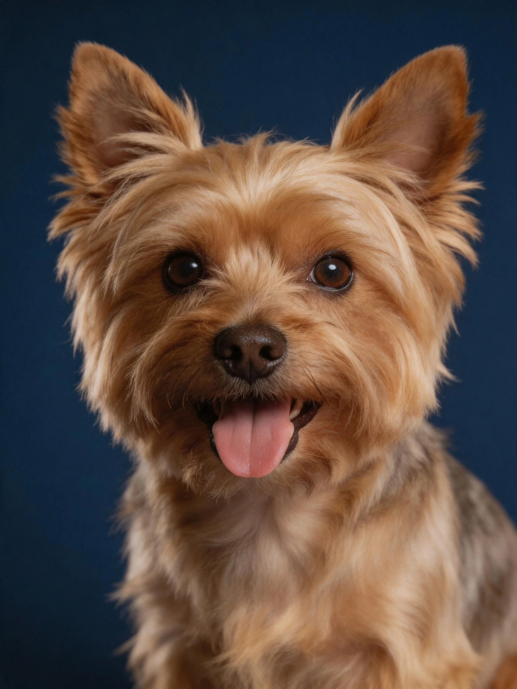 A happy tan-furred dog poses cheerfully against a dark blue background.