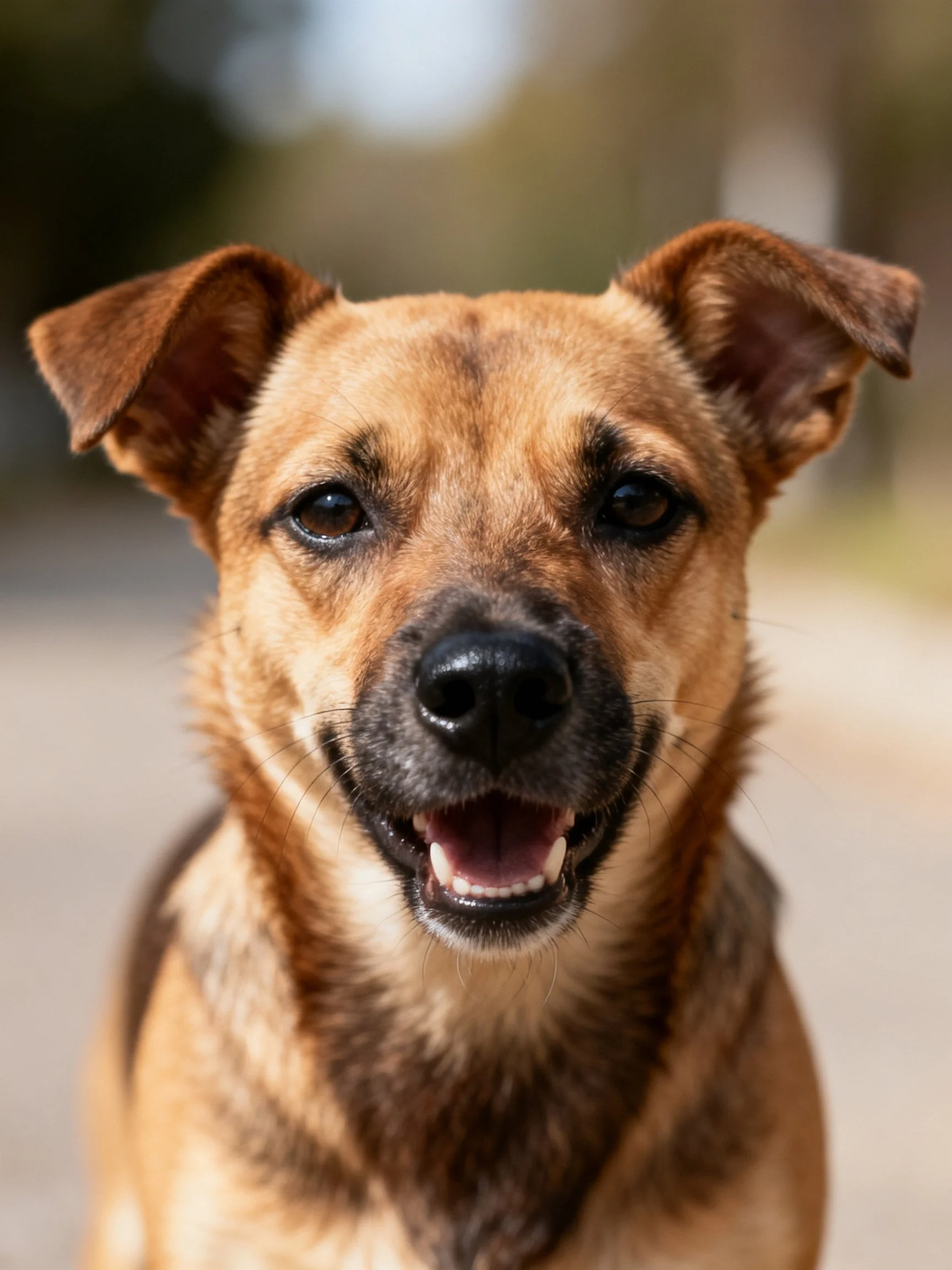 A cheerful tan mixed-breed dog with upright ears