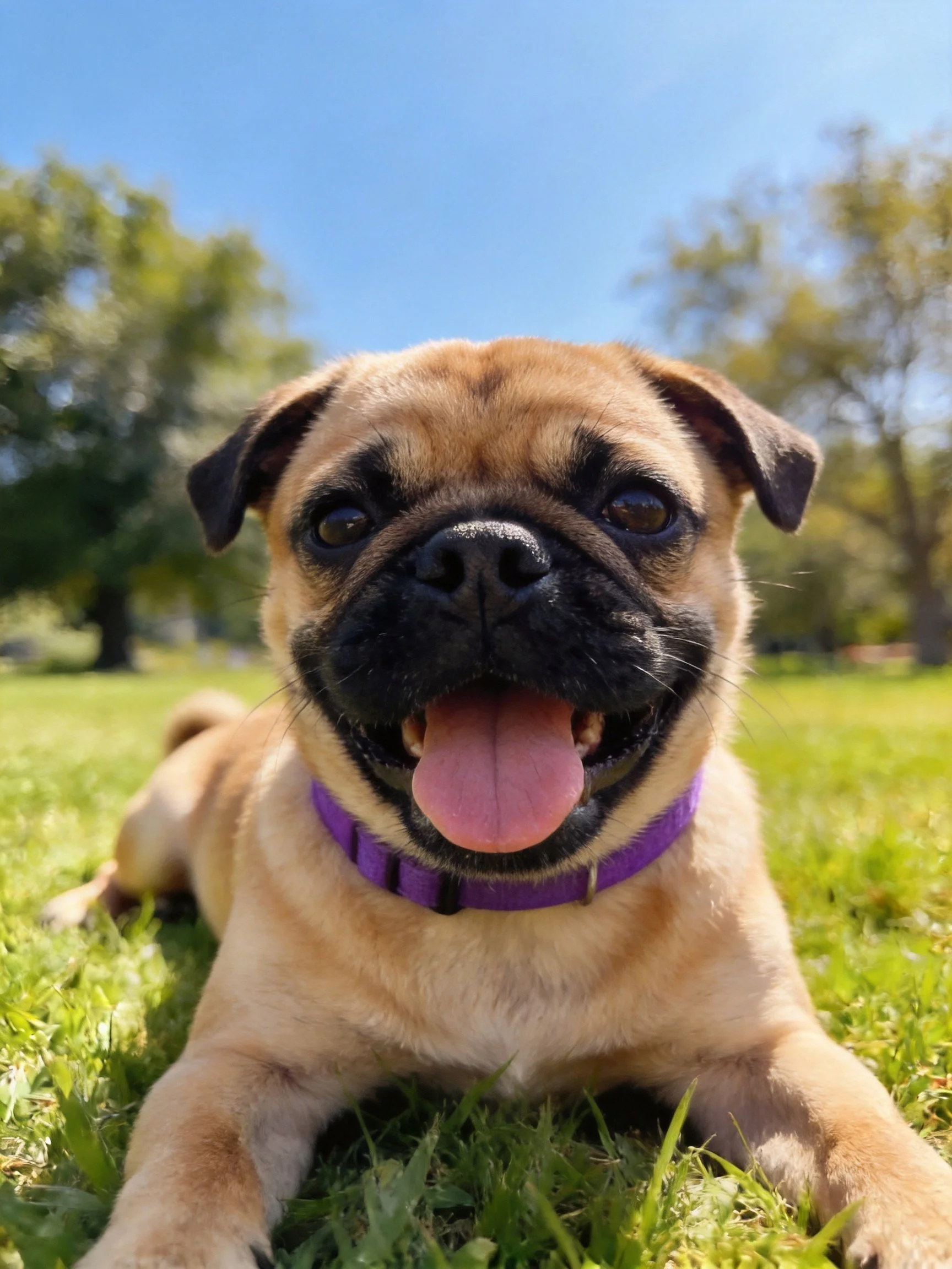 A happy tan pug puppy relaxes on grass in a sunny outdoor setting