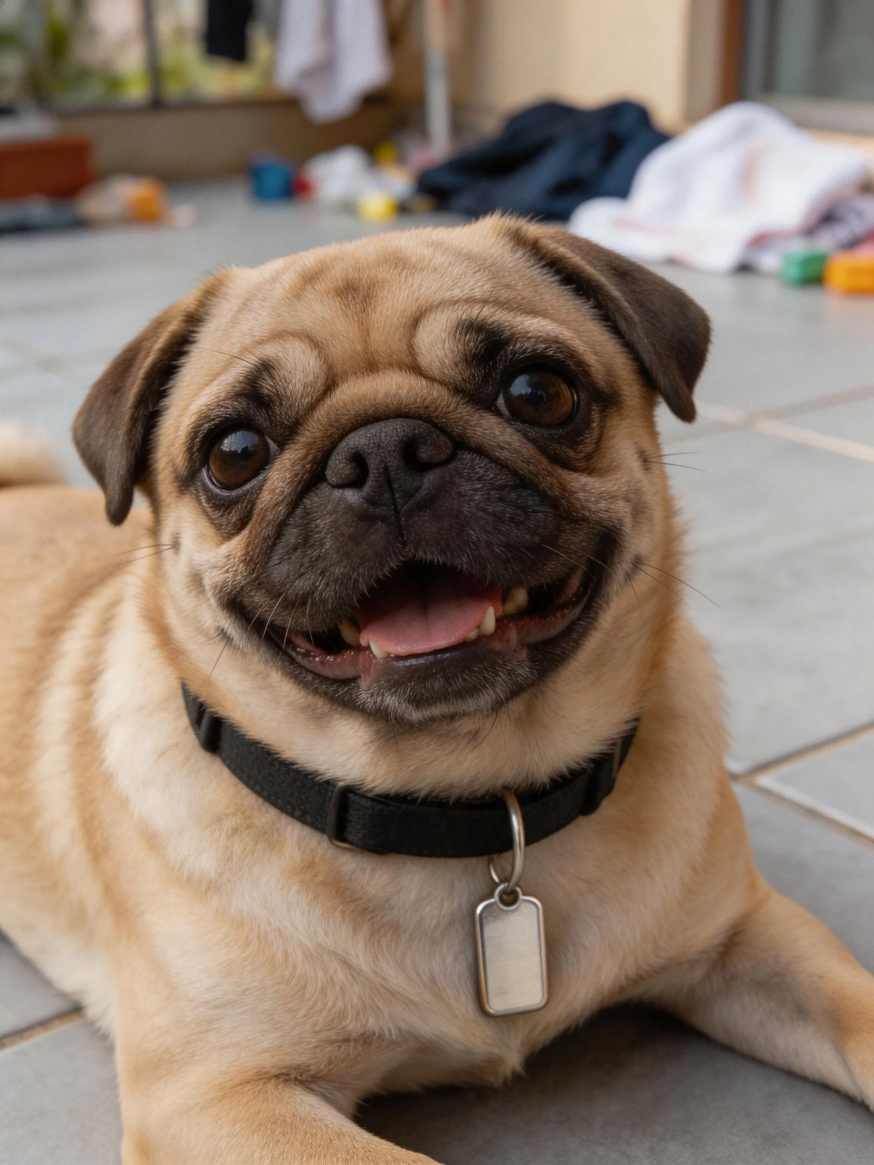A happy tan pug wearing a black collar rests on tiled flooring.
