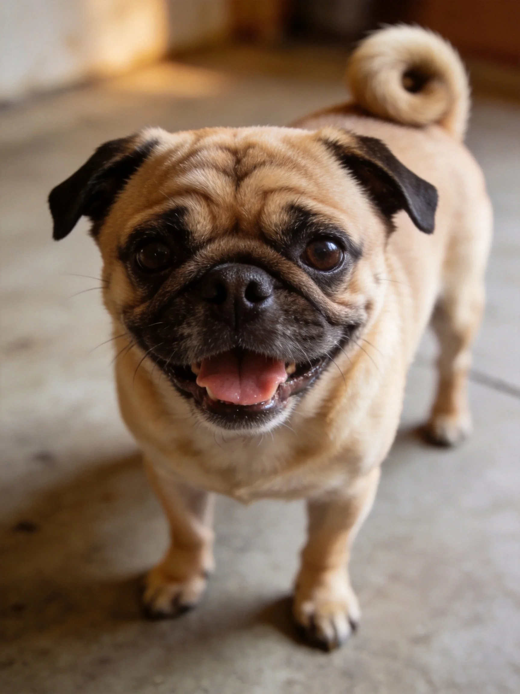 A cheerful tan pug stands indoors with a happy expression.