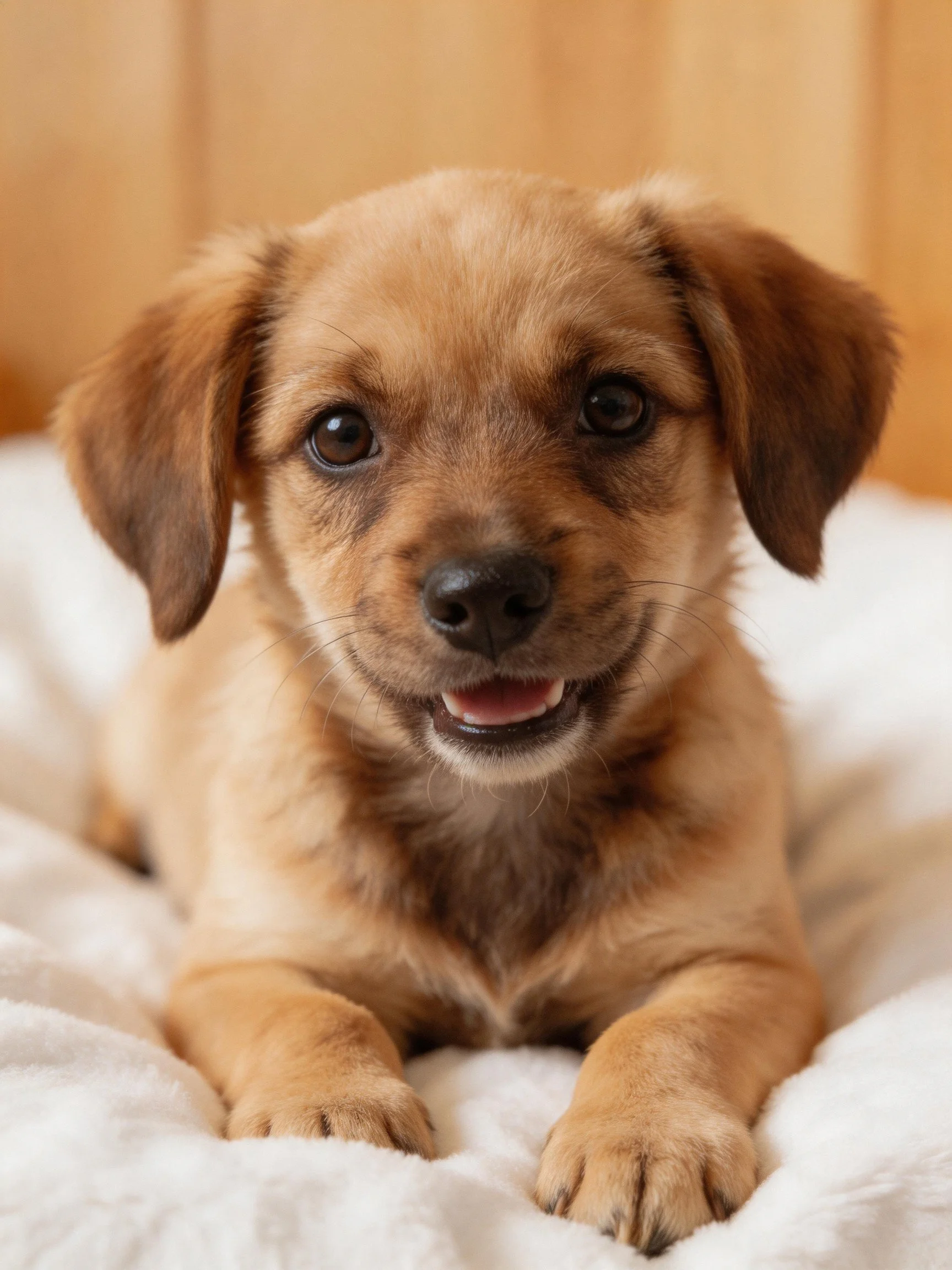 A cheerful tan puppy lies contentedly on a soft white blanket.