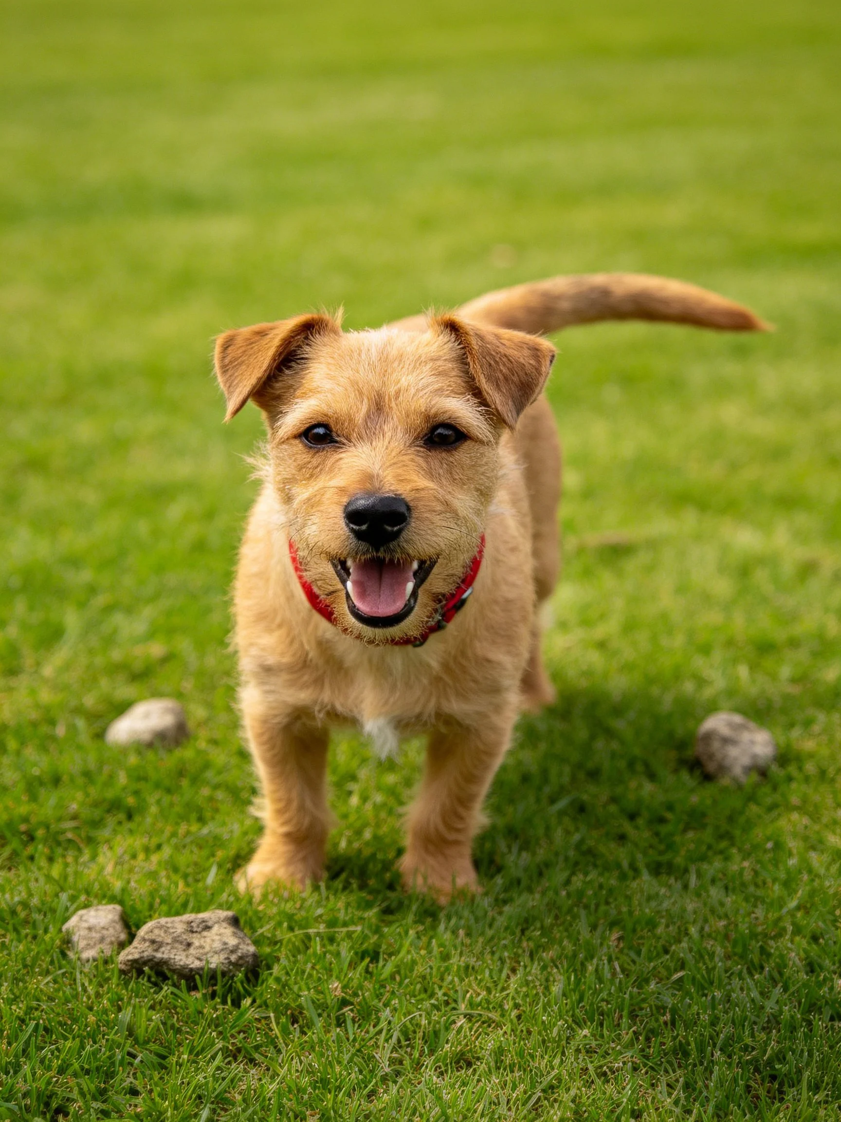 A cheerful tan puppy stands on lush green grass with nearby rocks.