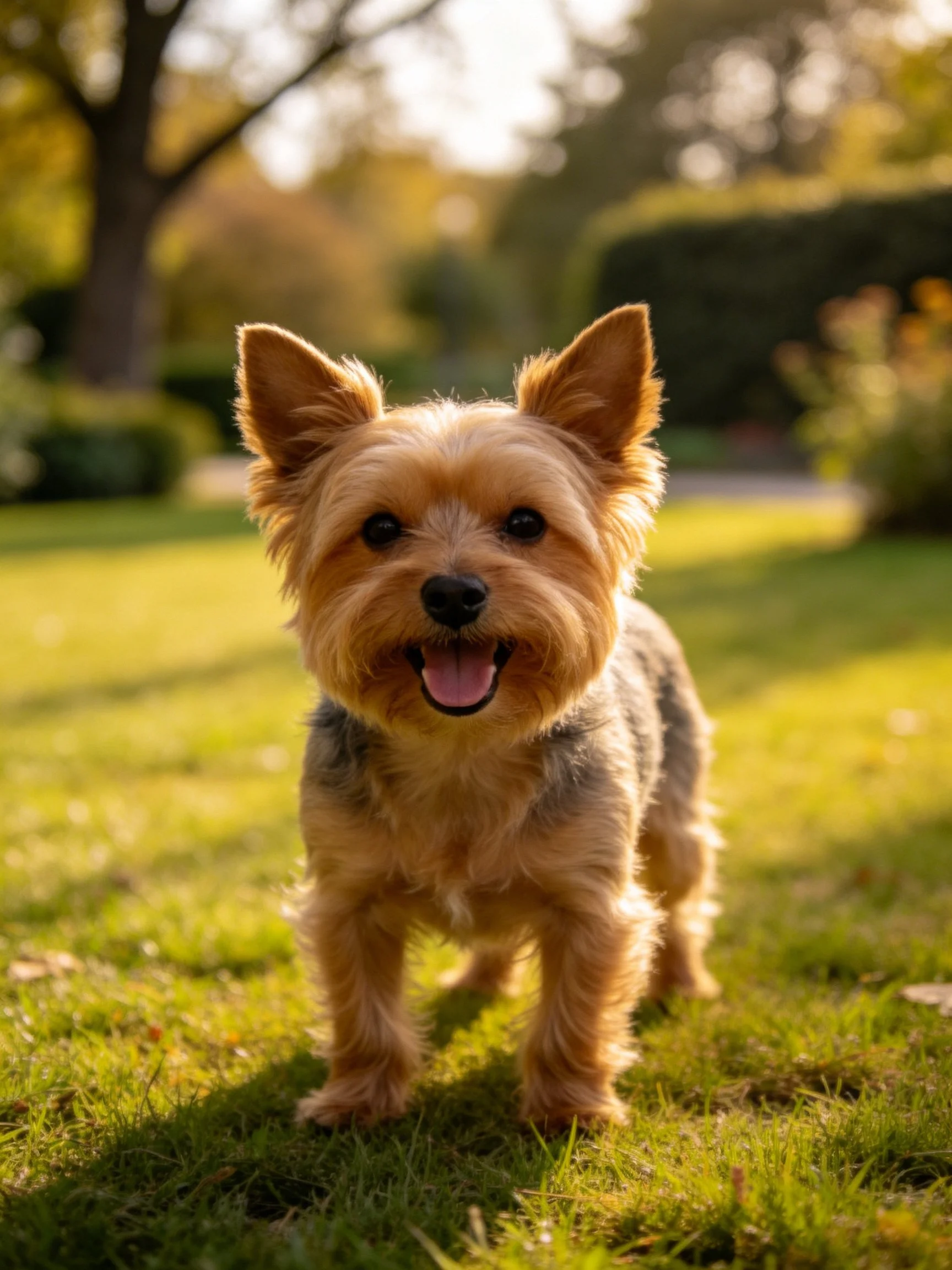 A tan terrier smiles on sunlit grass outdoors