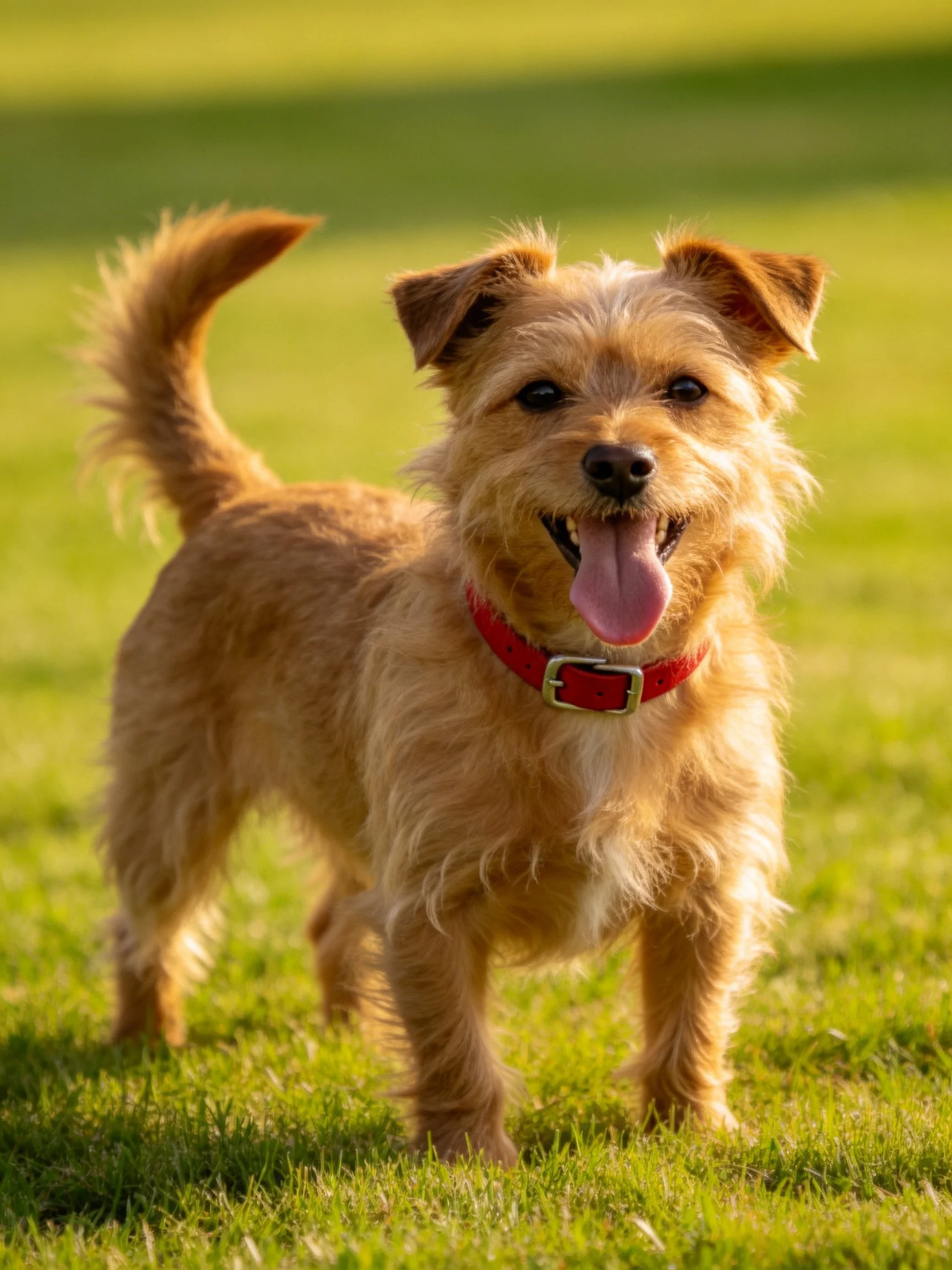A tan terrier with a red collar enjoys time on lush green grass.