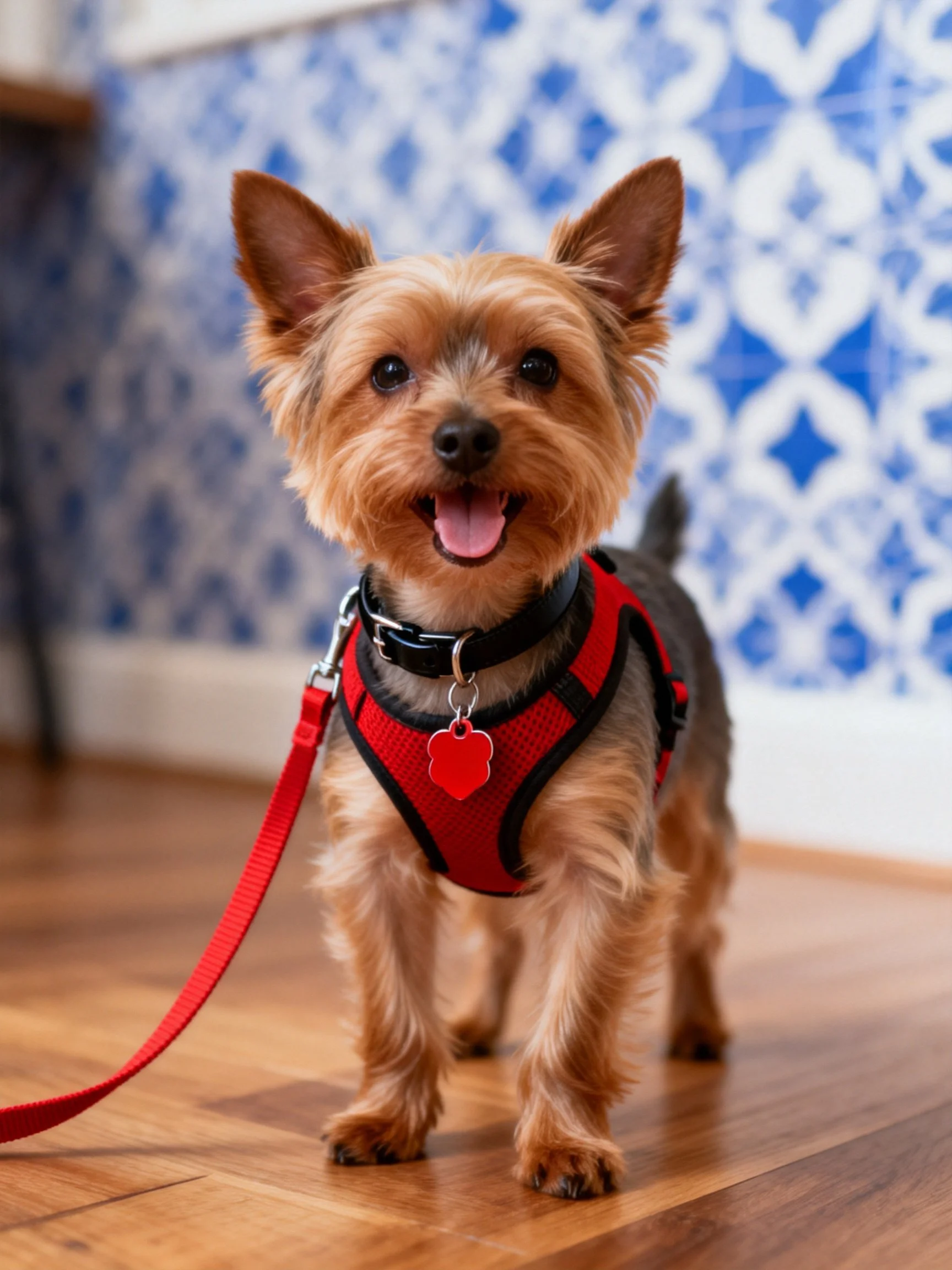 A cheerful terrier in a red harness stands indoors.