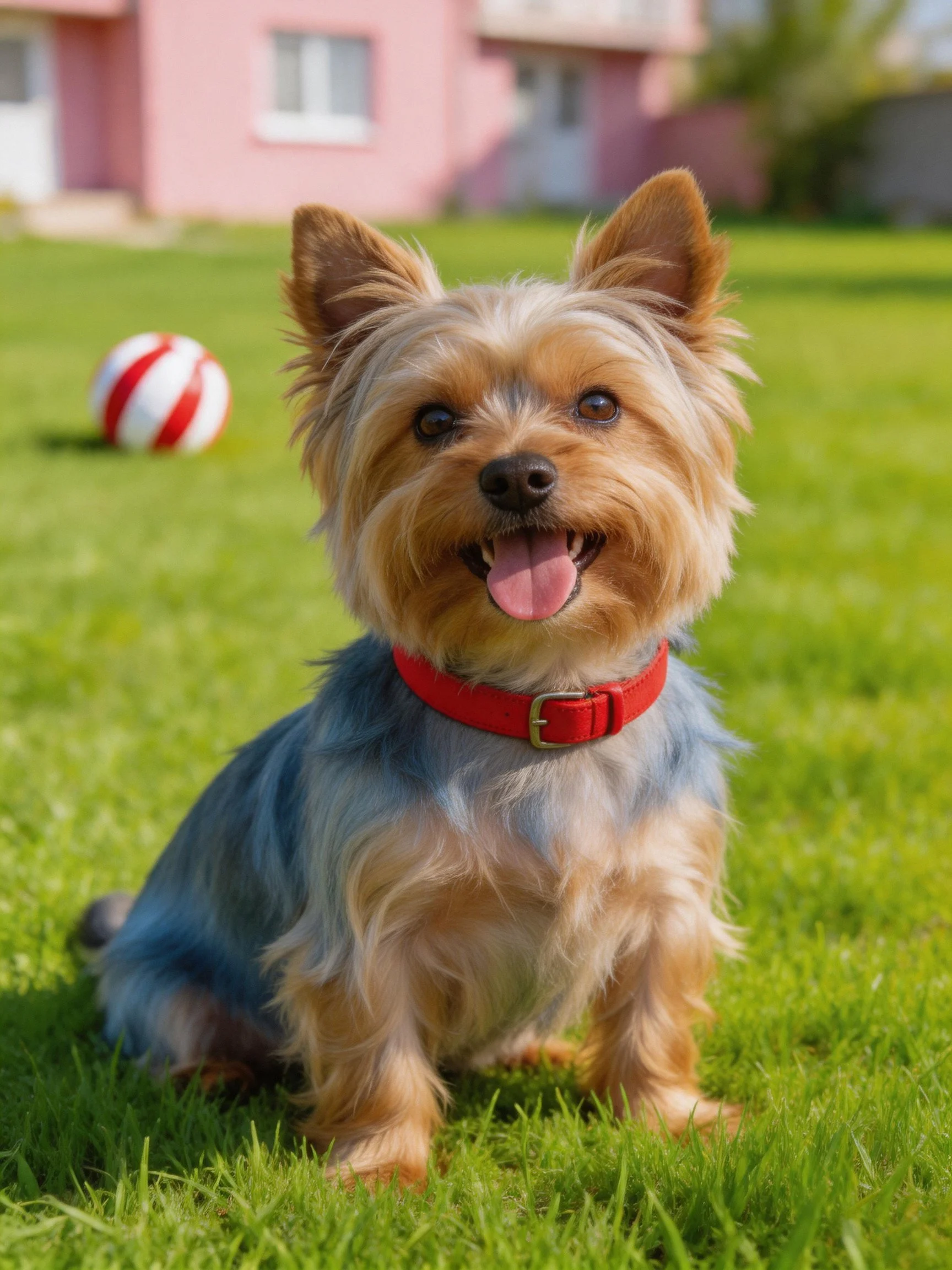 A cheerful terrier sits on vibrant grass with a pink house and striped ball nearby.