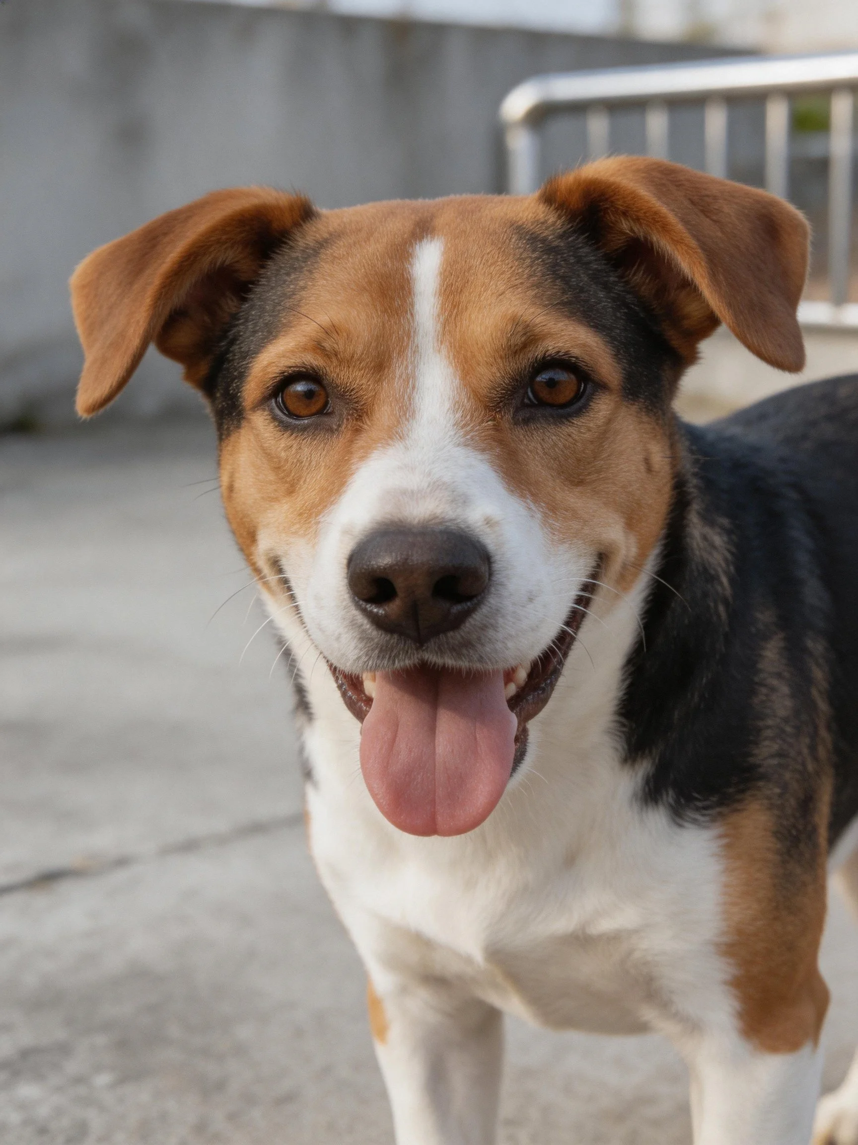 A cheerful tri-colored dog stands outdoors with its tongue out.