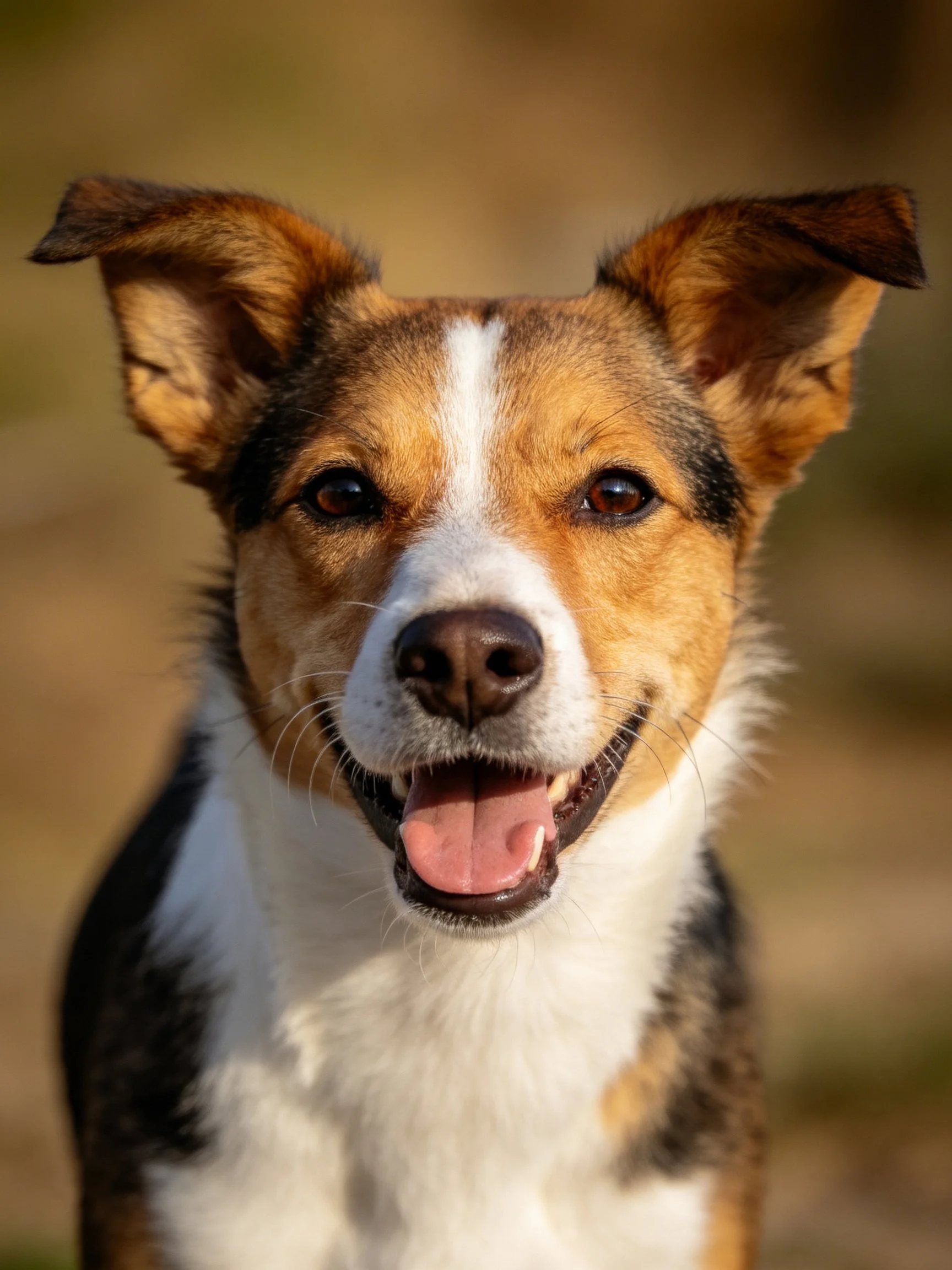 A cheerful tricolor dog with upright ears and open mouth