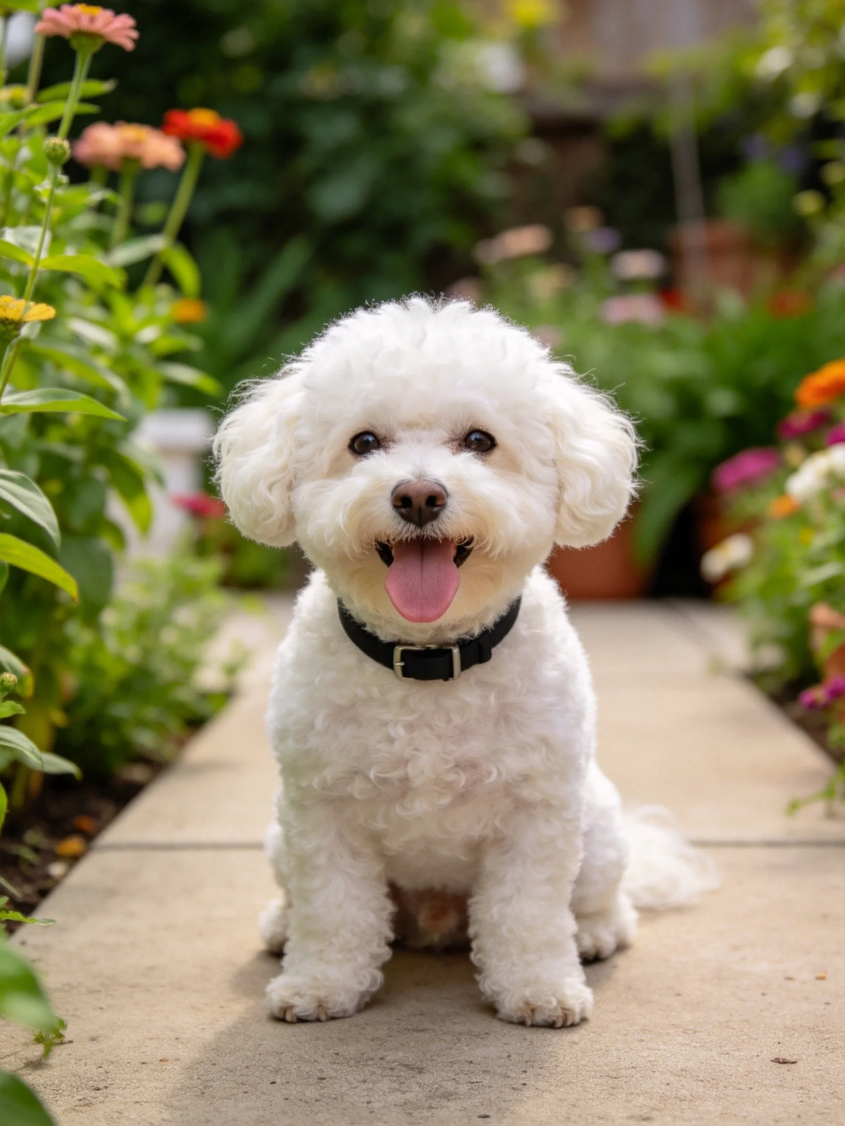 A happy white Bichon Frise sits on a garden path among colorful flowers.