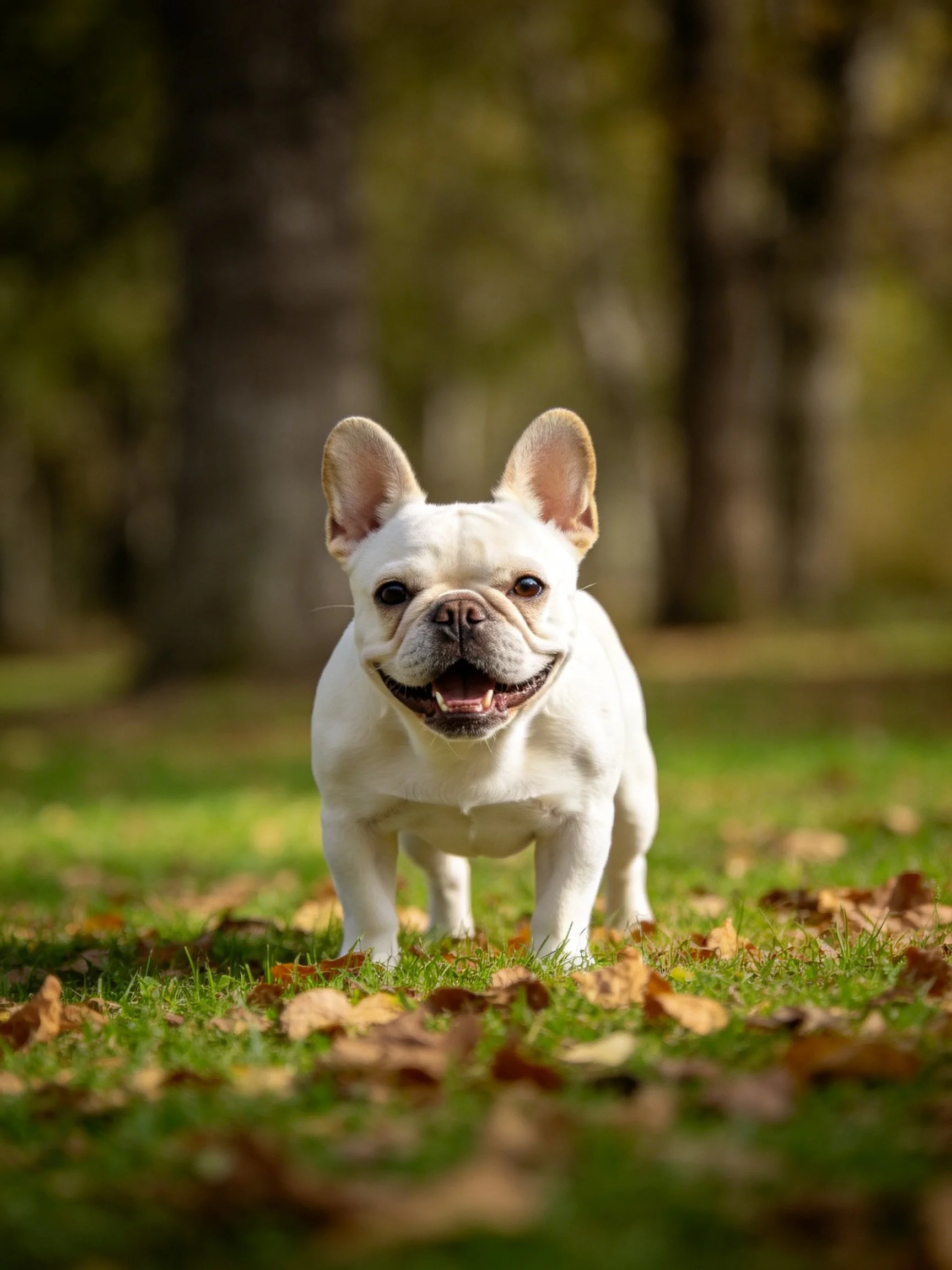 A happy white French bulldog stands on grass with fallen leaves in a wooded area.