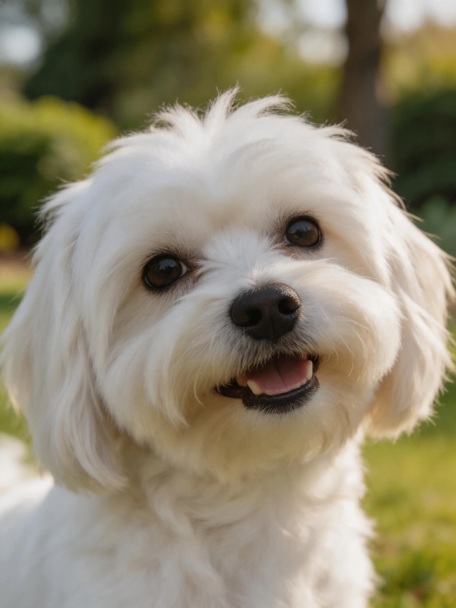 A cheerful white Maltese dog enjoys a sunny day outside.