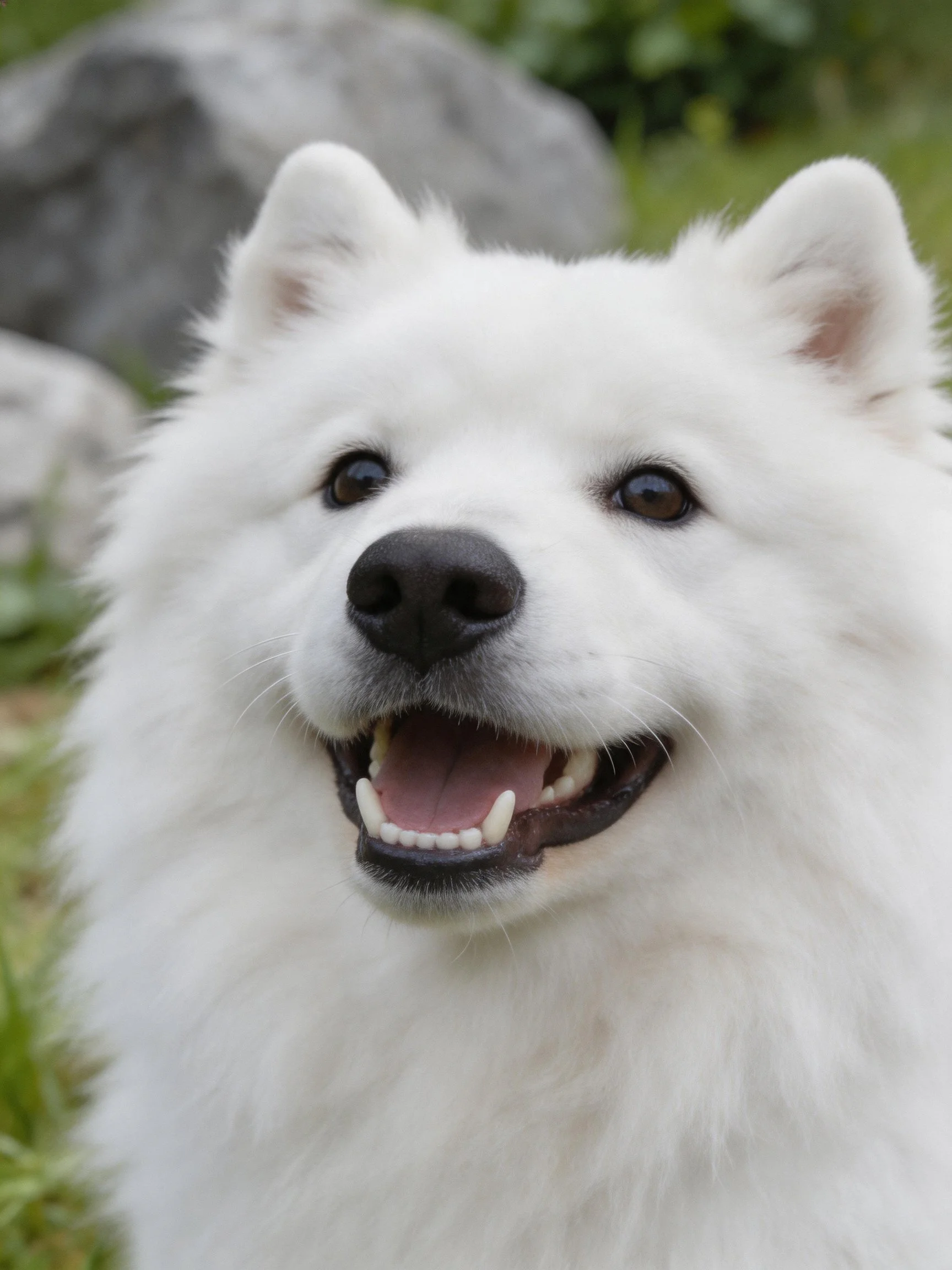 A happy white Samoyed dog appears joyful with mouth open in an outdoor setting.