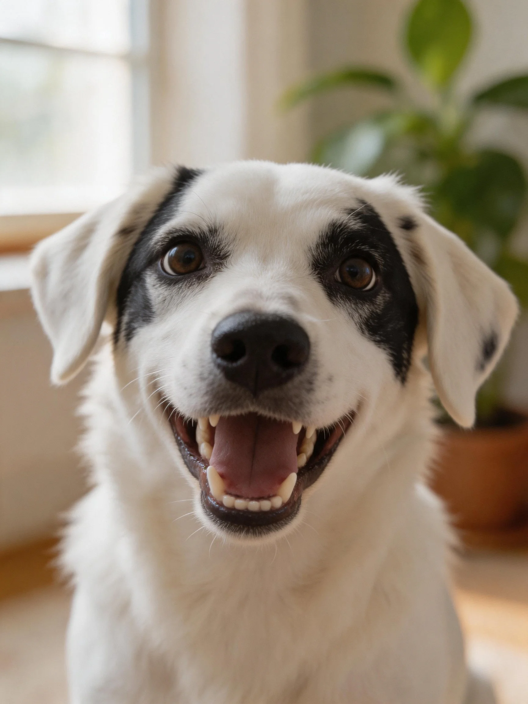 A cheerful white and black dog smiling indoors near green plants
