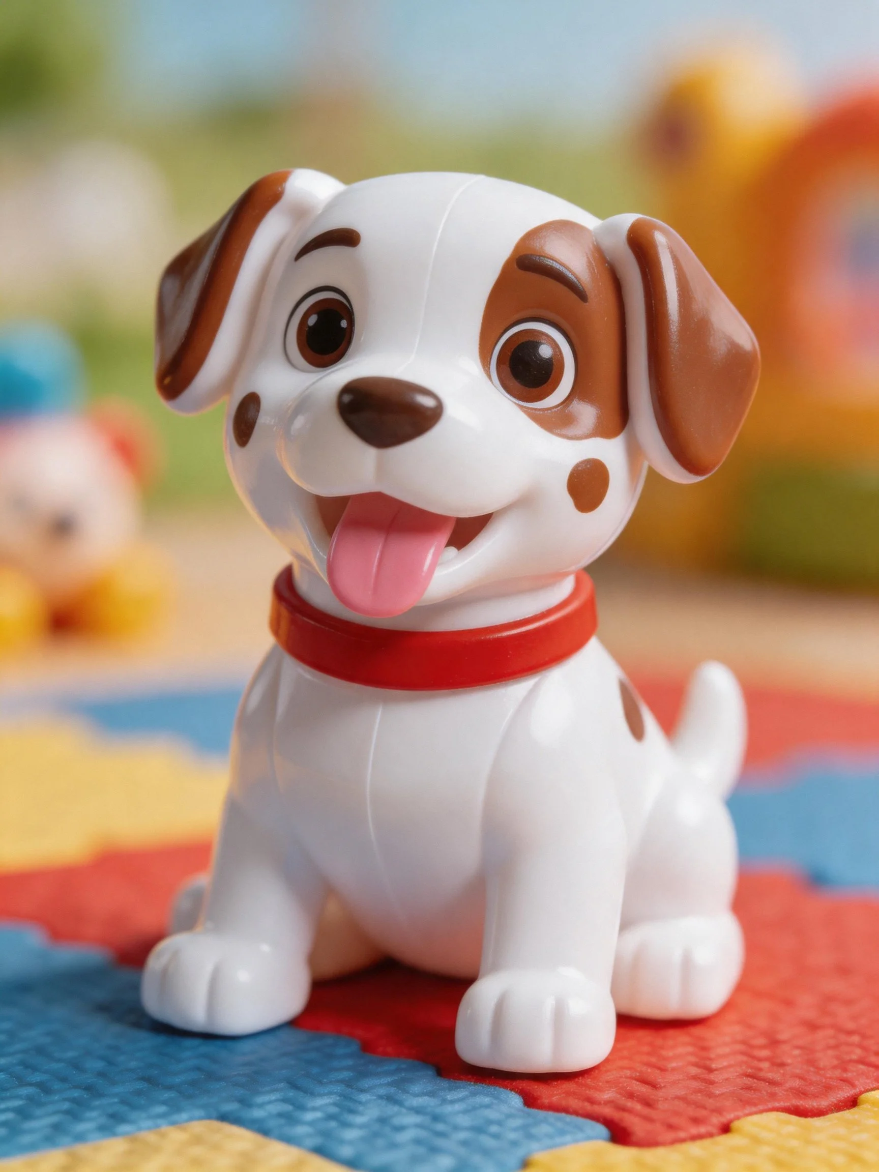 A cheerful white and brown spotted toy dog with red collar