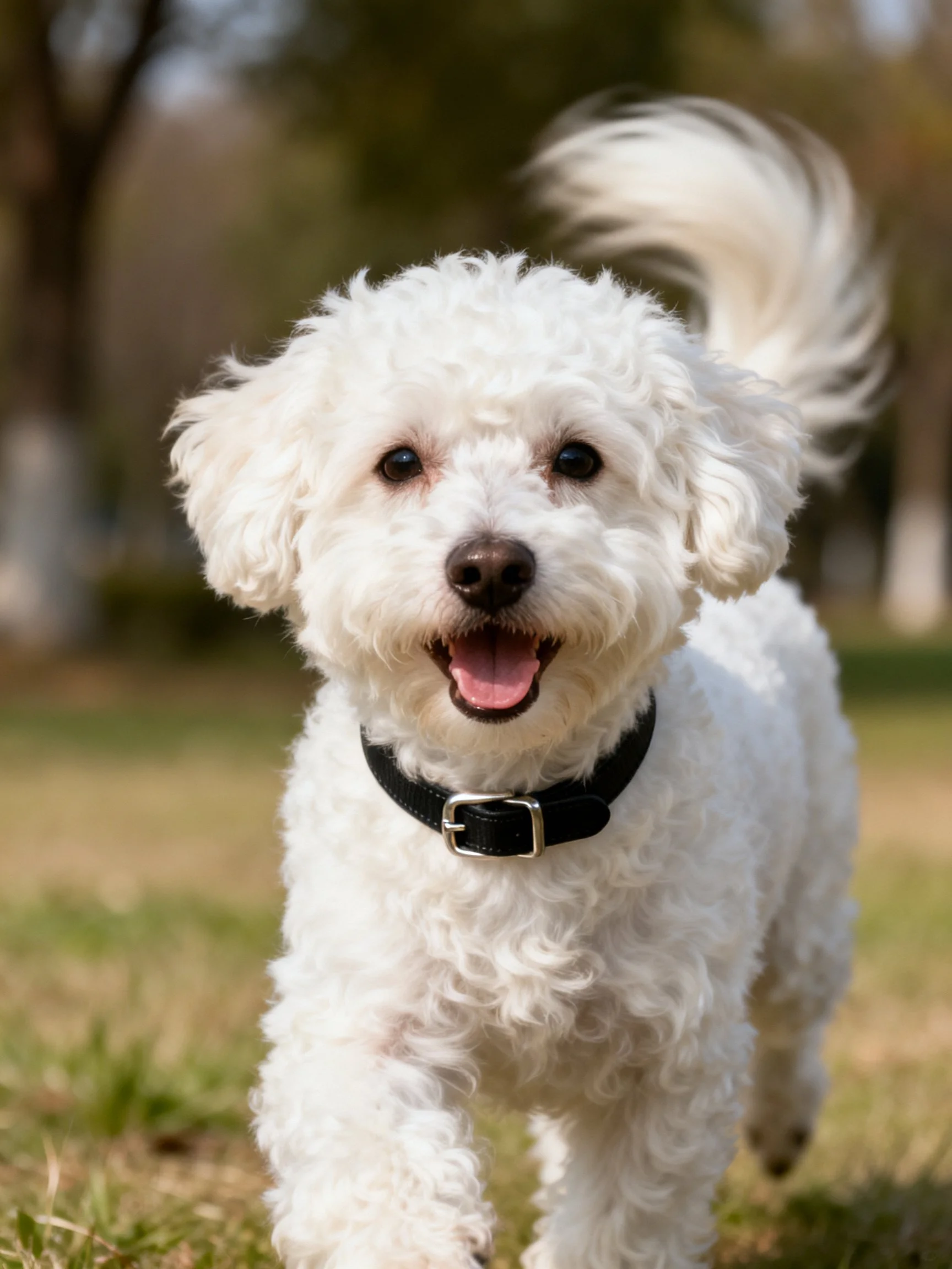 A happy white curly dog enjoys a sunny outdoor walk.