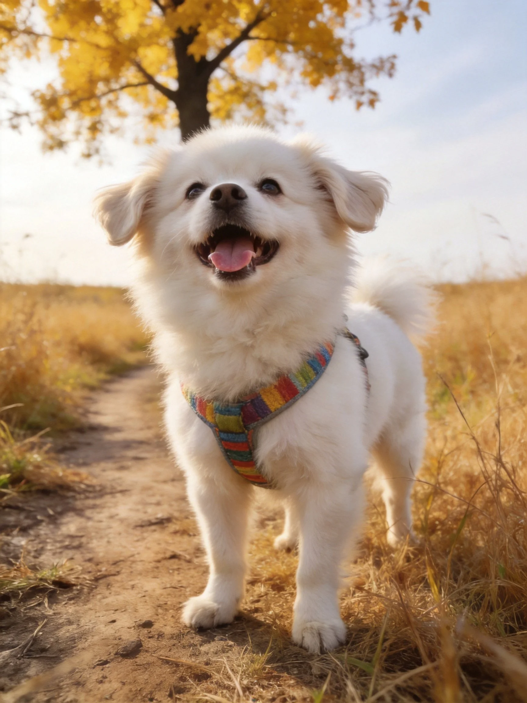 A happy white dog stands on a dirt path surrounded by golden autumn fields.