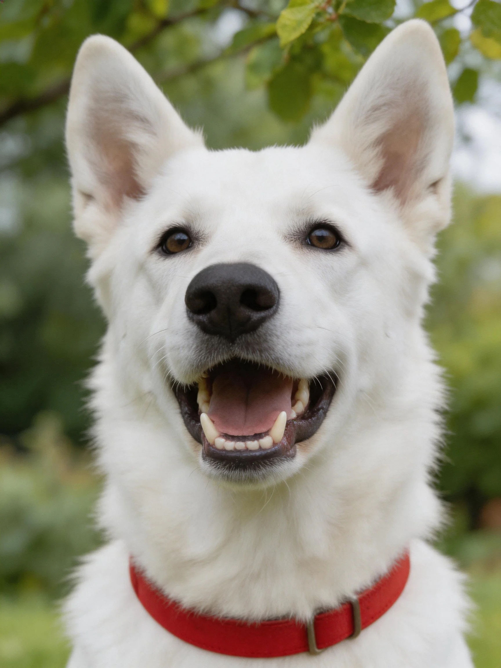 A happy white dog with a red collar is outdoors near greenery.