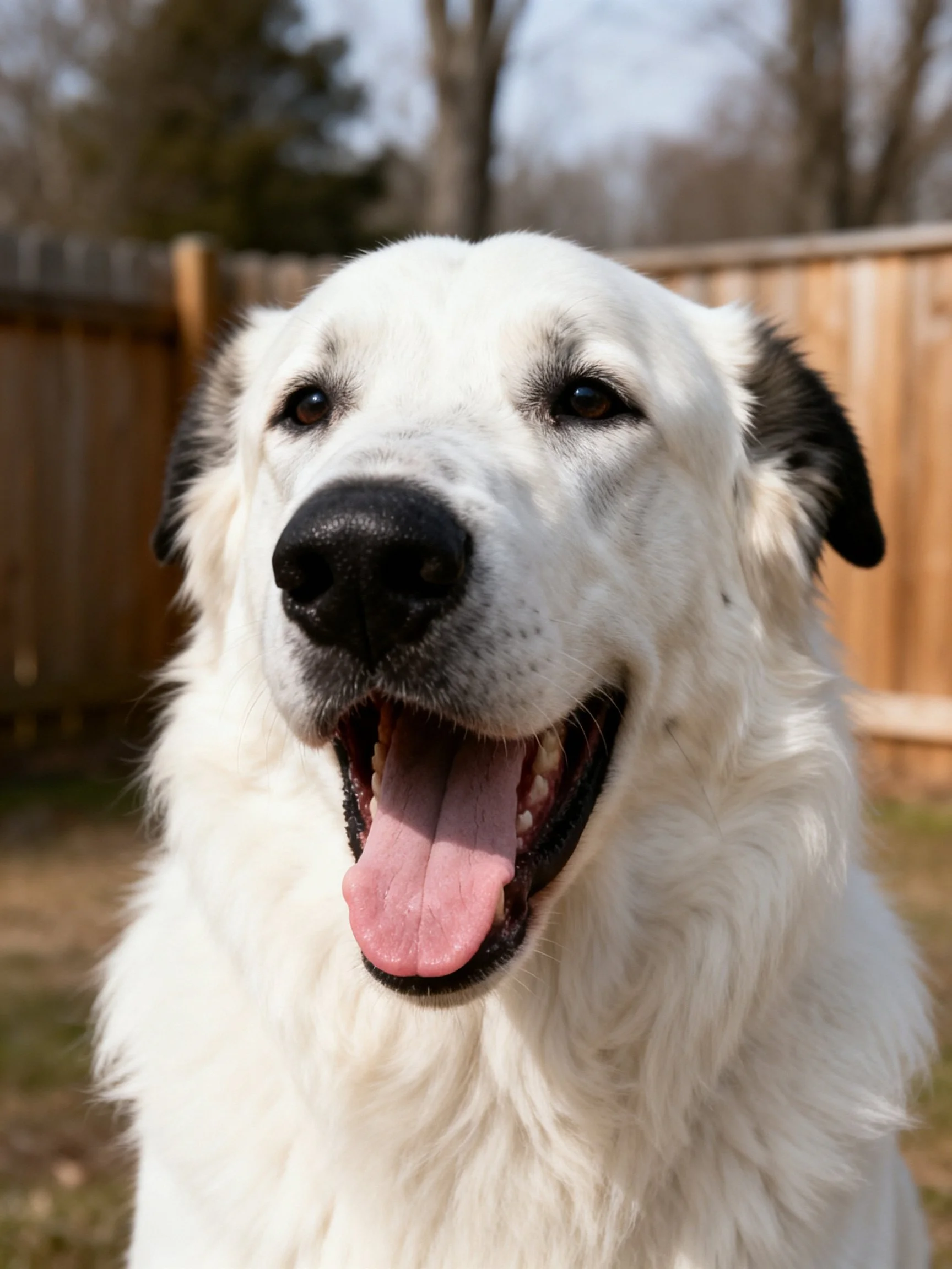 A happy white dog with black ears pants in a sunny outdoor area.