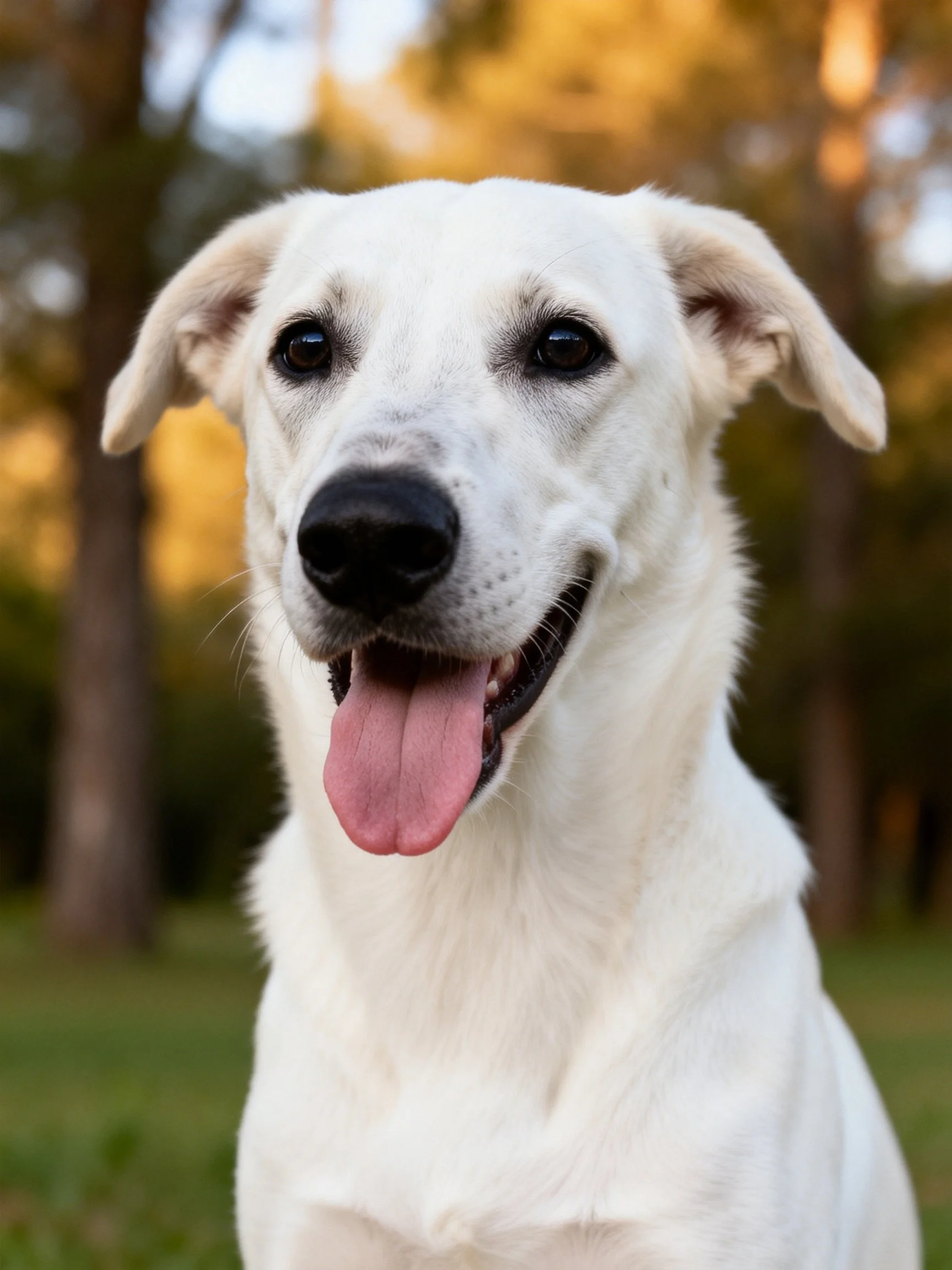 A cheerful white dog with an open mouth stands outdoors in a sunlit area.