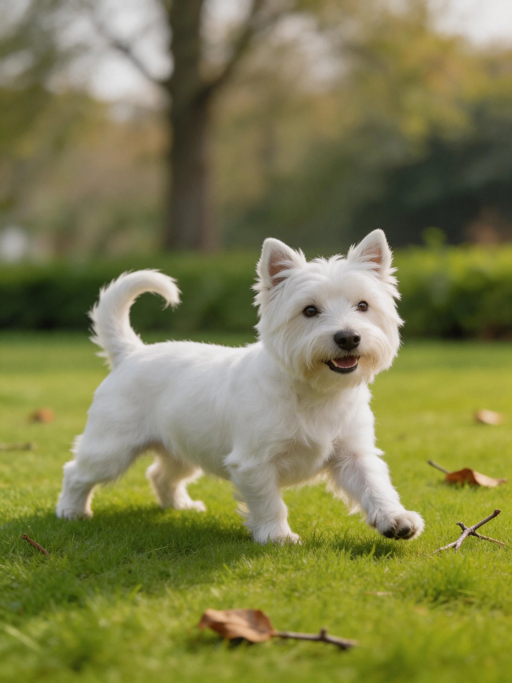 A cheerful white terrier enjoys exploring a sunlit grassy area.