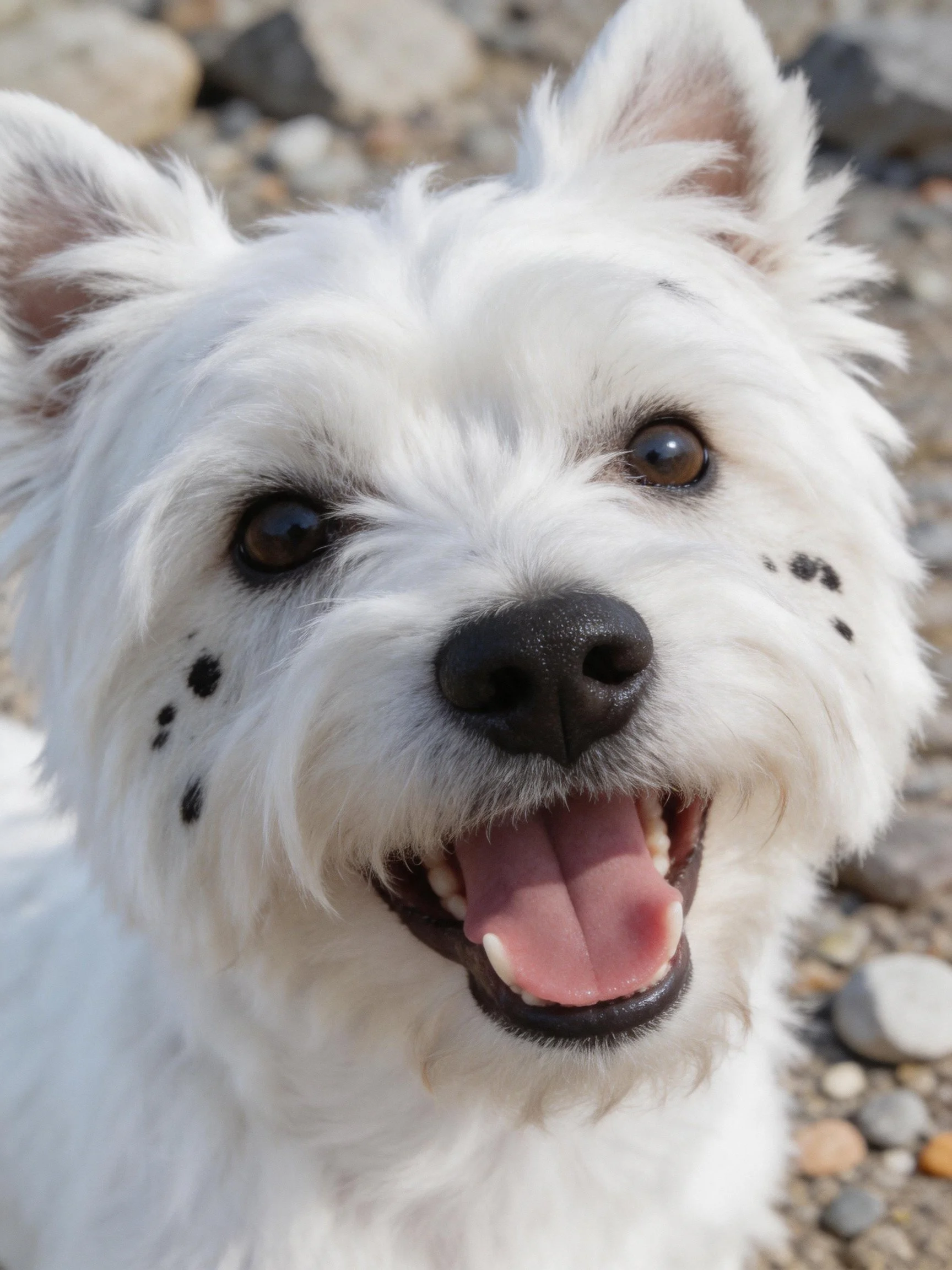 A joyful white spotted terrier stands near rocks outdoors.
