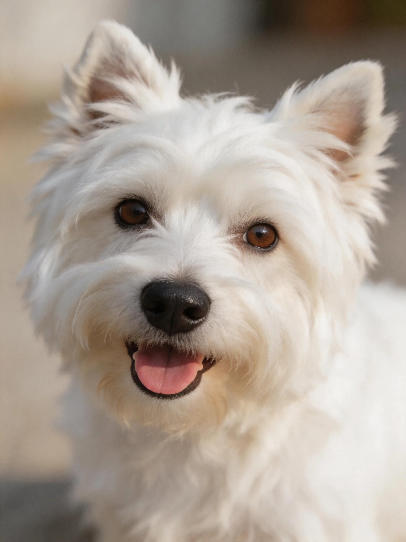 A close - up of a happy white terrier with an open mouth and alert ears.